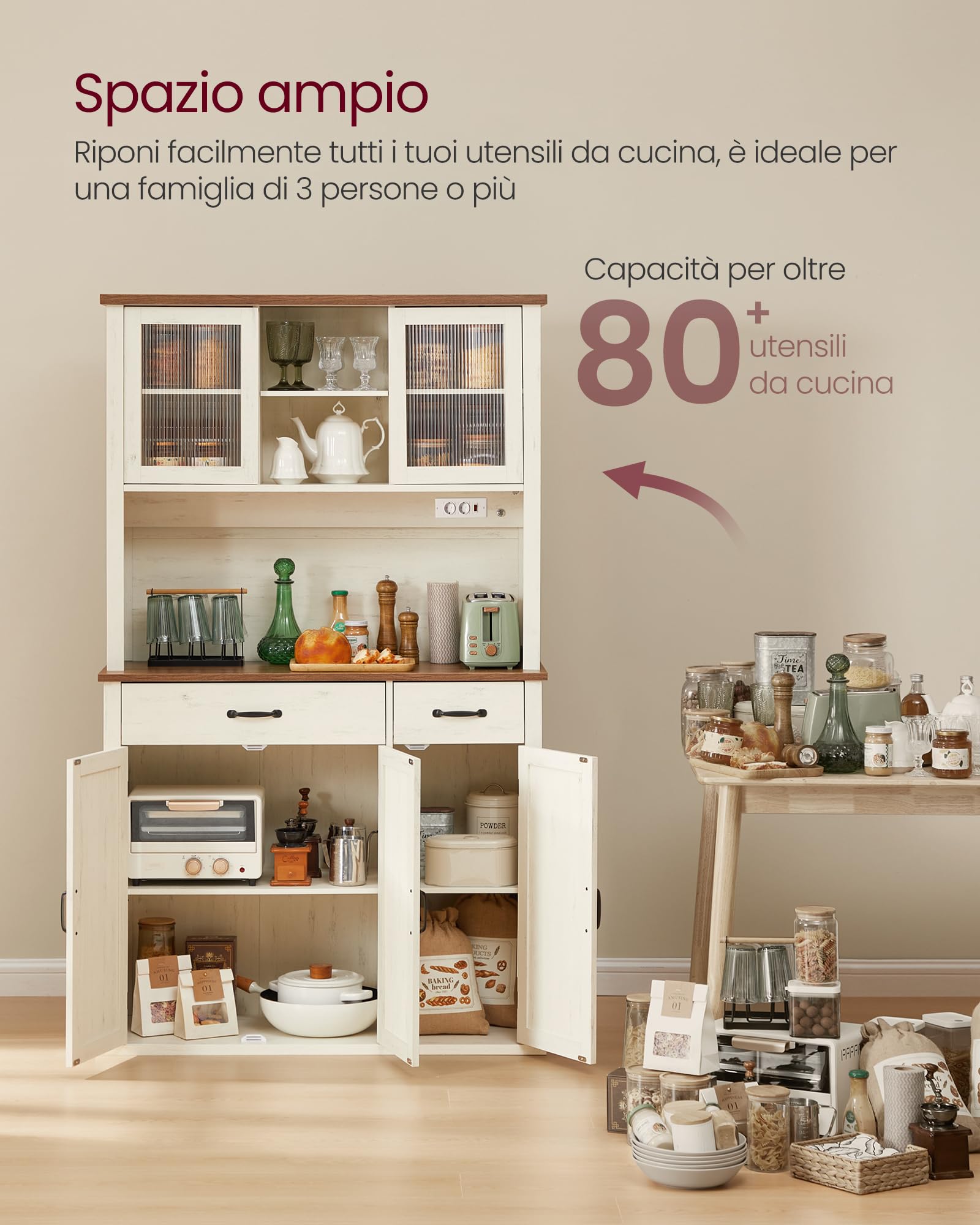 VASAGLE Credenza Cucina con Luce e Multipresa, Mobile Dispensa Cucina con Ante e Cassetto, 39,5 x 106,5 x 180,6 cm, con Ripiani Regolabili, Stile Farmhouse, Bianco Vintage e Marrone Miele BBK391W02