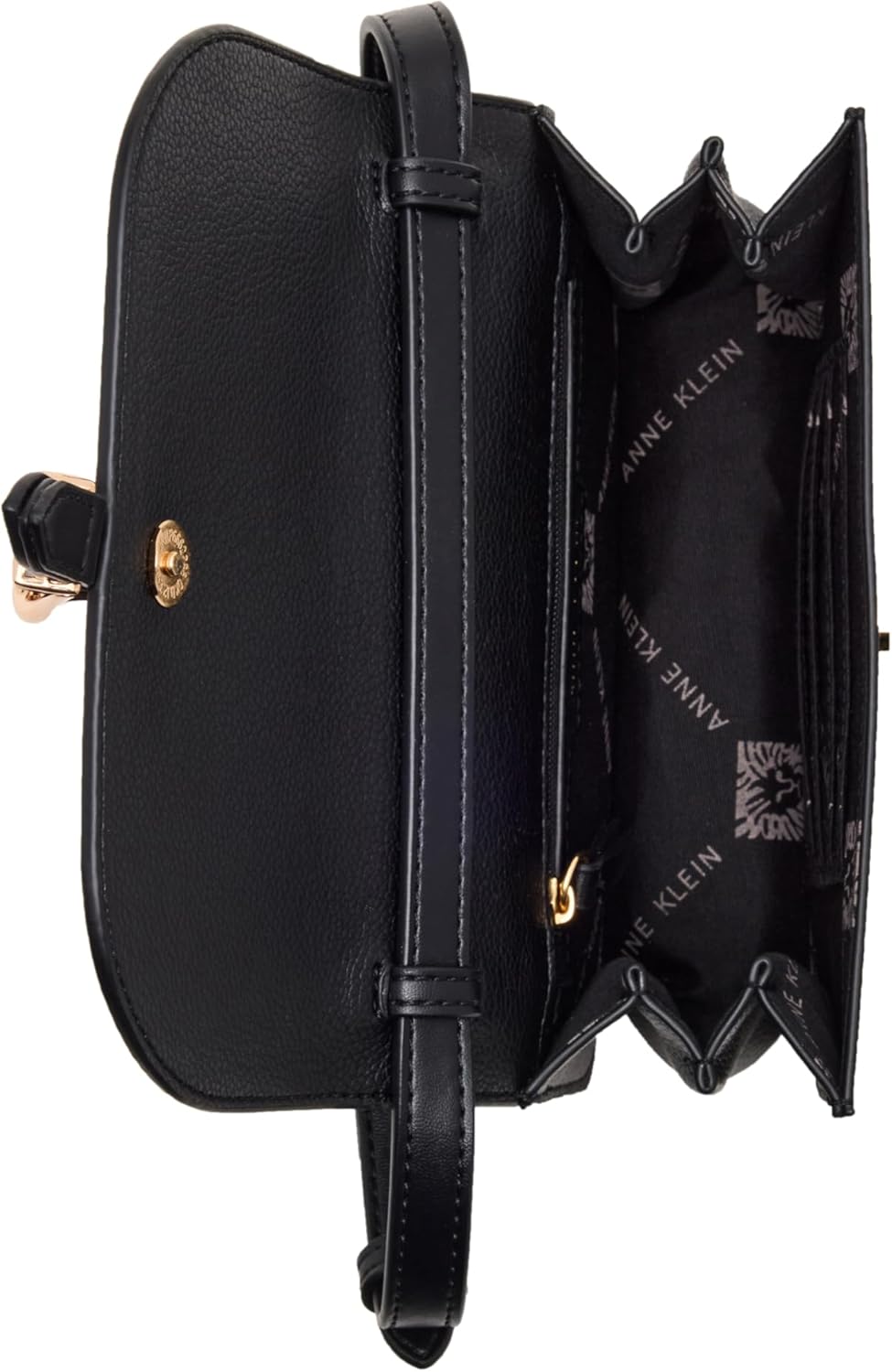 Anne Klein Womens Sculpted Buckle Flap Crossbody, Black