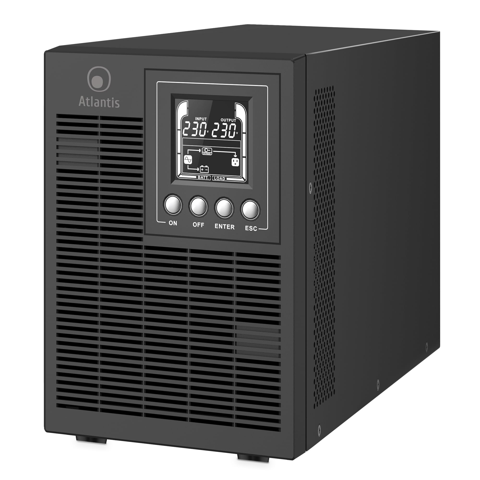 Atlantis A03-OP2002P Pro UPS Sistema de alimentación ininterrumpida Online Doble conversión Onda sinusoidal Pura 2000VA 1800W, Torre, Pantalla LCD, USB, RS-232, 4 Salidas IEC, Ranura SNMP, 4x12V 9Ah