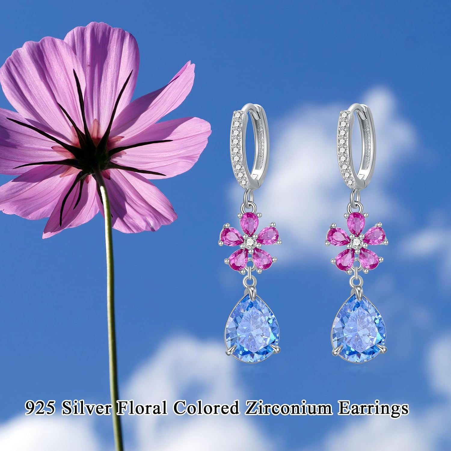 Flower Earrings for Women 925 Sterling Silver Teardrop Gemstone Wedding Bridal Dangle for Her - Image 5
