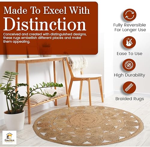 Miniatura 6 de Alfombra redonda de yute de 8 pies, de fibra natural, tejida a mano, suave, trenzada, rústica, vintage, respetuosa con el medio ambiente, para