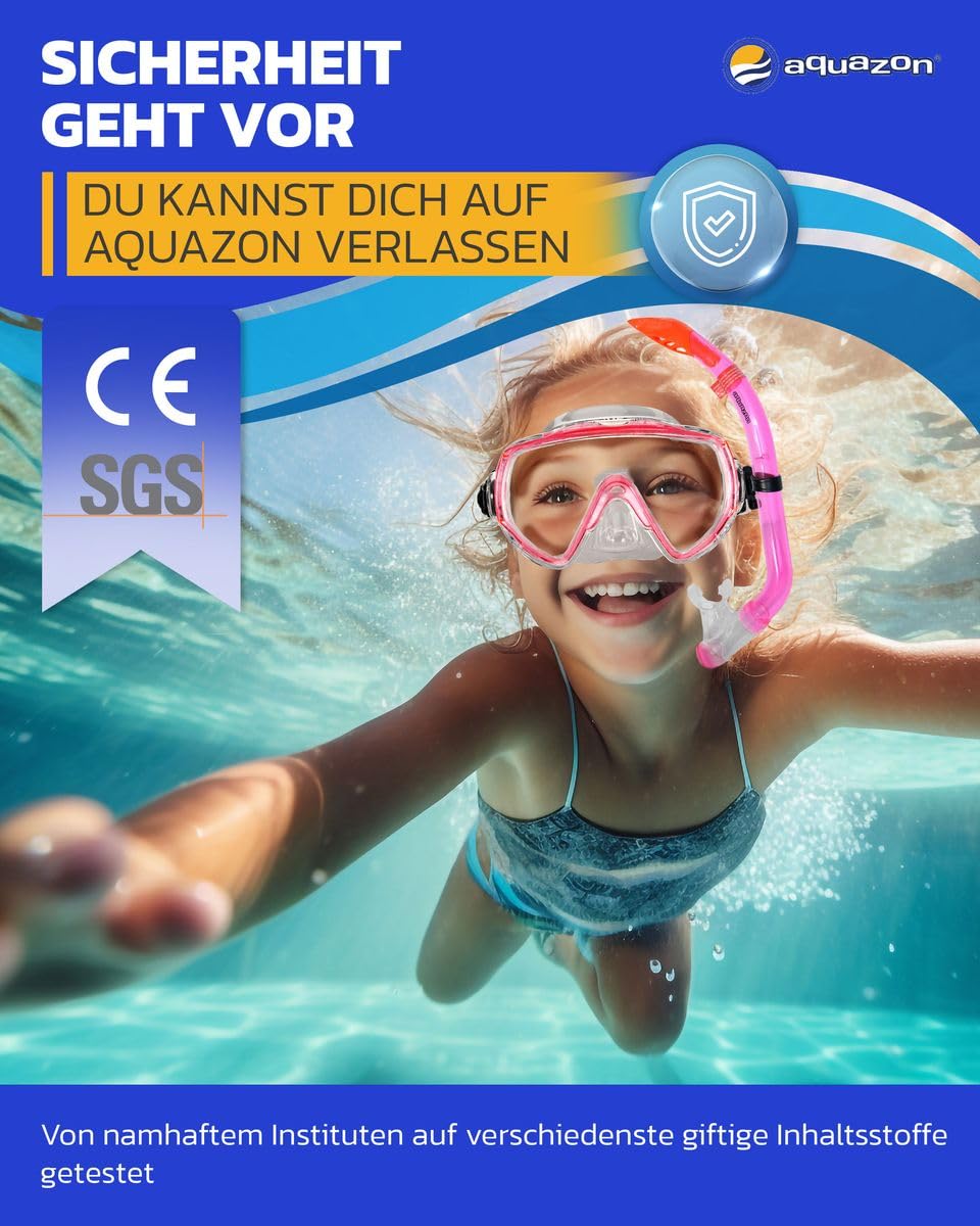 AQUAZON Miami Schnorchelset, Schwimmset, Tauchset, Taucherbrille mit Anti Fog Tempered Glas, Silkon, Semi Dry Schnorchel, verstellbare Flossen für Kinder