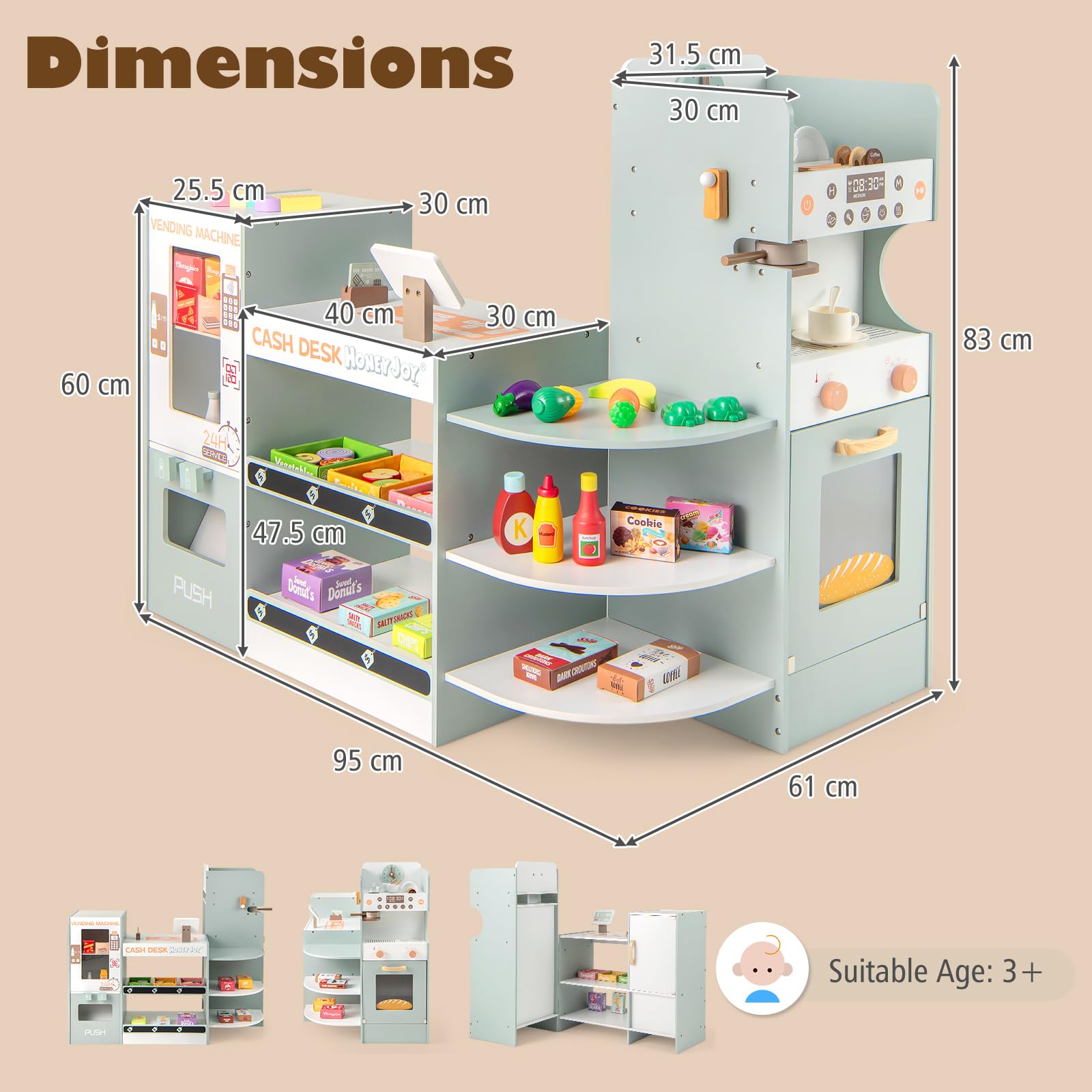 HOMASIS Supermarkt Spielset mit 30 Zubehör, Holz Kaufladen mit Kasse, POS, Scanner, Verkaufsautomat, Tafel, Kaffeemaschine, Ofen, Kaufmannsladen Verkaufsstand Einkaufsladen für Kinder ab 3 Jahren