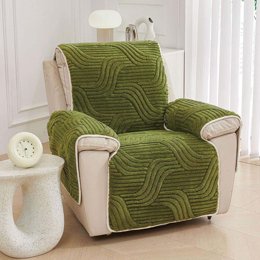 Funda de Sofá Reclinable de Felpa, Suave Y Esponjosa, de Jacquard, con Correas Elásticas para Niños Y Mascotas, Color Verde
