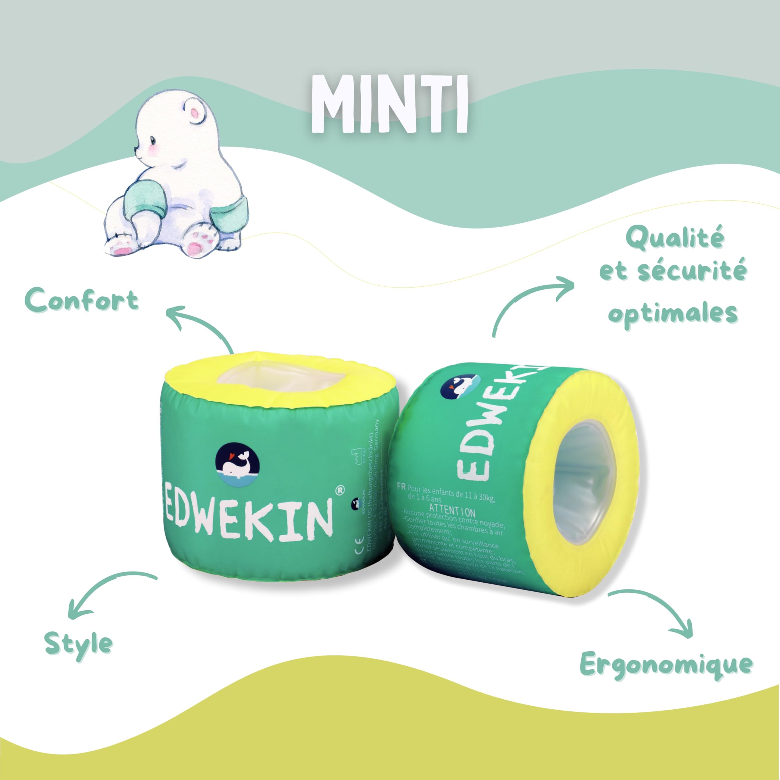 EDWEKIN® Brassards de Natation pour Enfants avec Noyau en Mousse et Surface en Tissu - Aide à la Natation Parfaite et élégante pour bébés et Enfants de 1 à 6 Ans