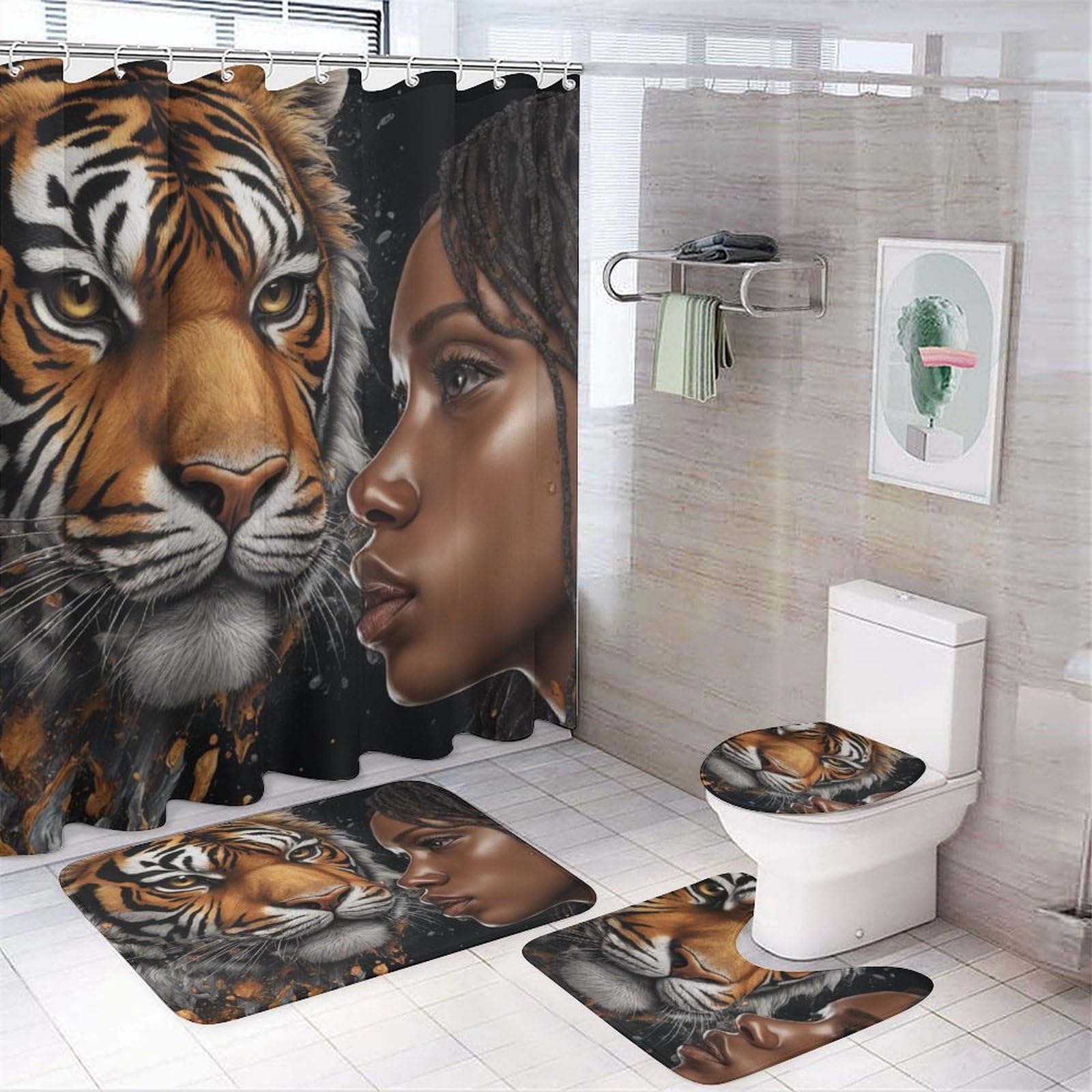 Set Bagno 4 Pezzi Ragazza Nera - Tenda, Tappeti E Copriwater Con Farfalle Viola - Stile Afro Americano Rustico - 3