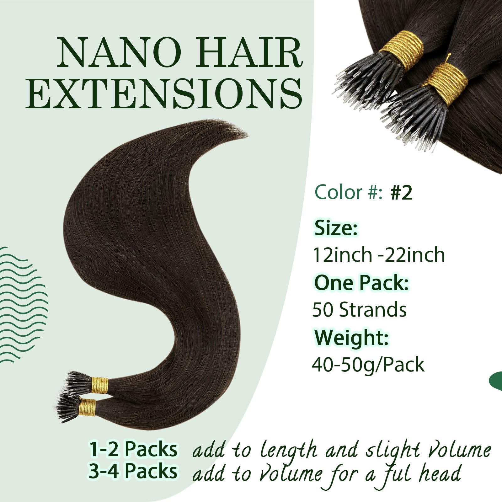 RUNATURE 14 Inch Nano Hair Extensions Real Human Hair Brown Nano Beads Hair Extensions Human Hair Remy Straight Dark Brown Invisible Nano Rings Hair 50s 50g #2 - Image 3