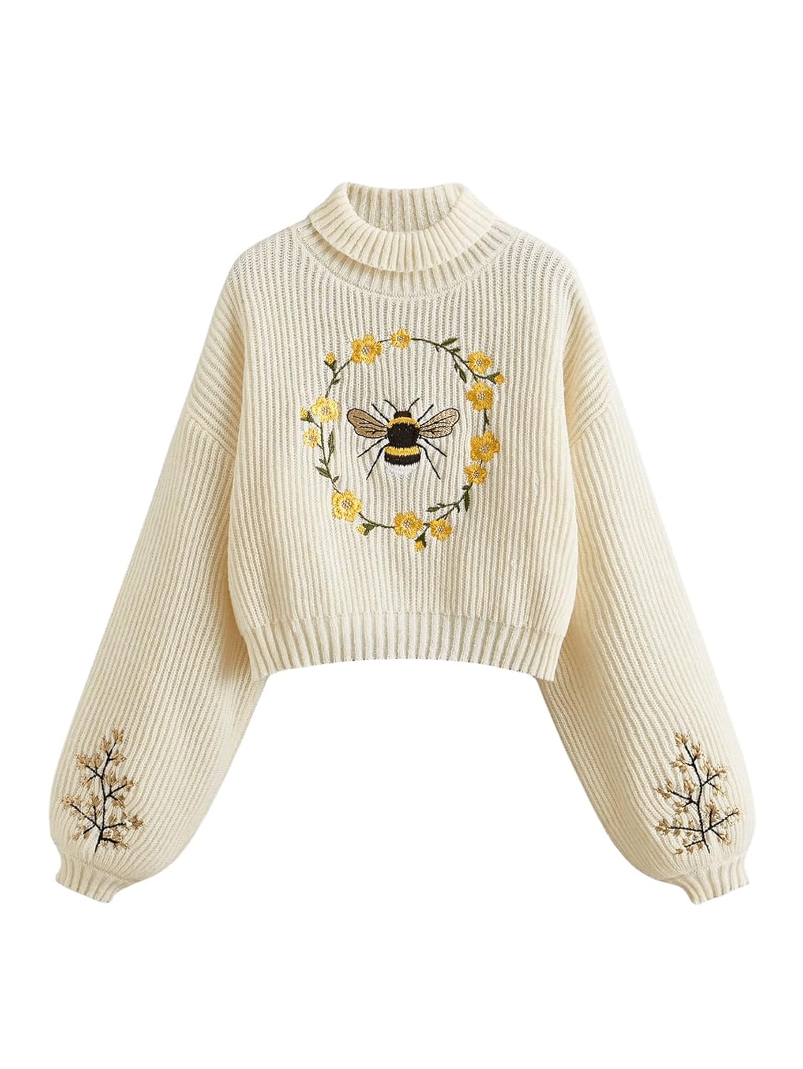 Womens Floral Embroidered Drop Shoulder Crop Sweaters Long Sleeve Turtleneck Knit Pullover