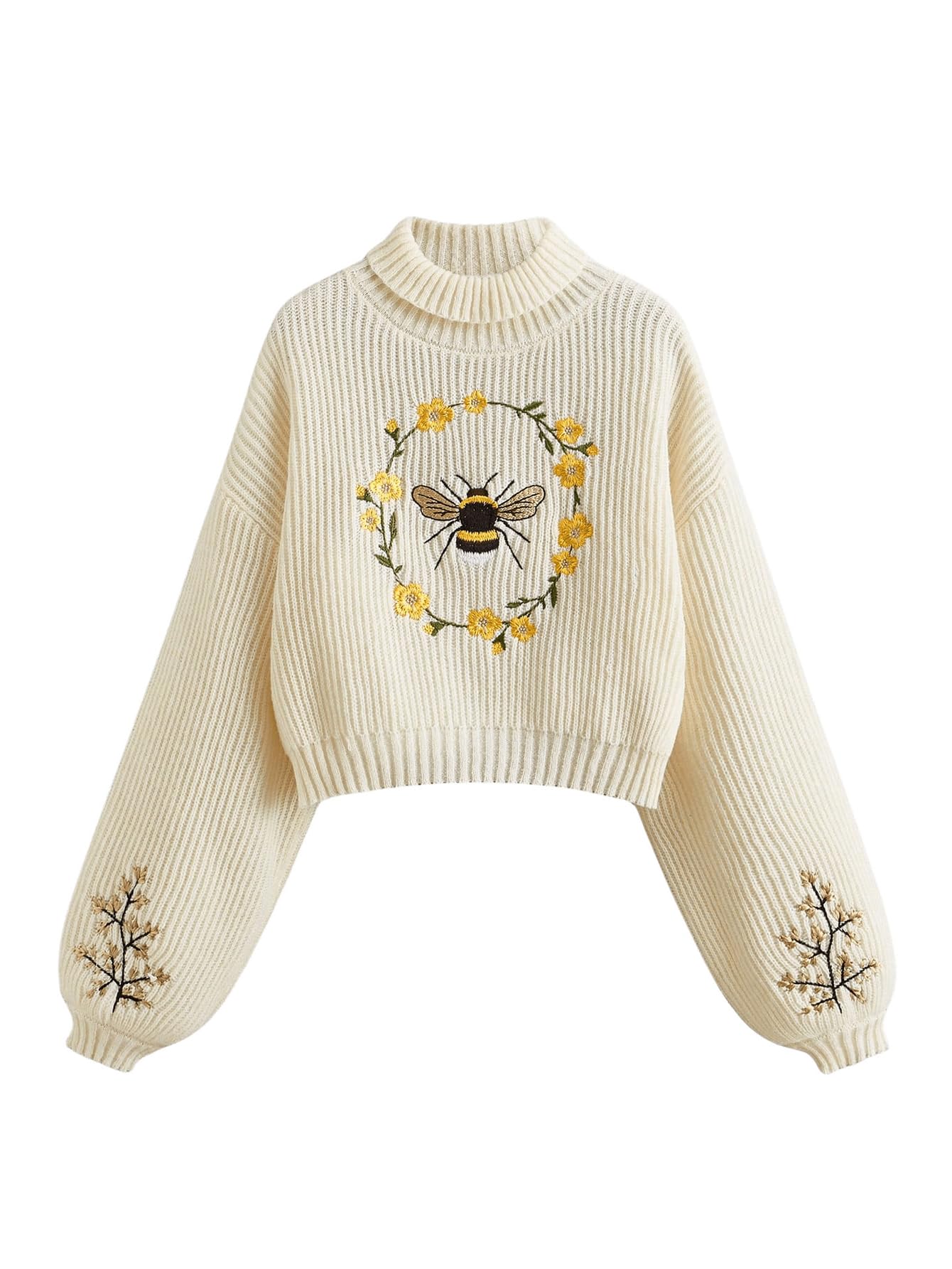 SweatyRocks Womens Bee Print Turtle Neck Sweater Casual Long Sleeve Oversized Pullover Sweaters Fall Winter Outfits