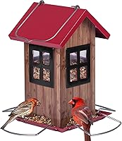 Kingsyard Cute Hanging Metal Bird House Feeder with 4 Ports - Attracts Cardinals Finches Chickadees for Outdoor Garden Yard Decor