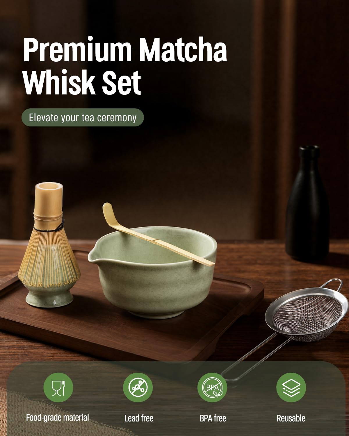 Matcha Whisk Set, ThymeSpace Matcha Kit for Ceremony 5 pcs Traditional Japanese Matcha Whisk Tool for Matcha Tea - Image 2