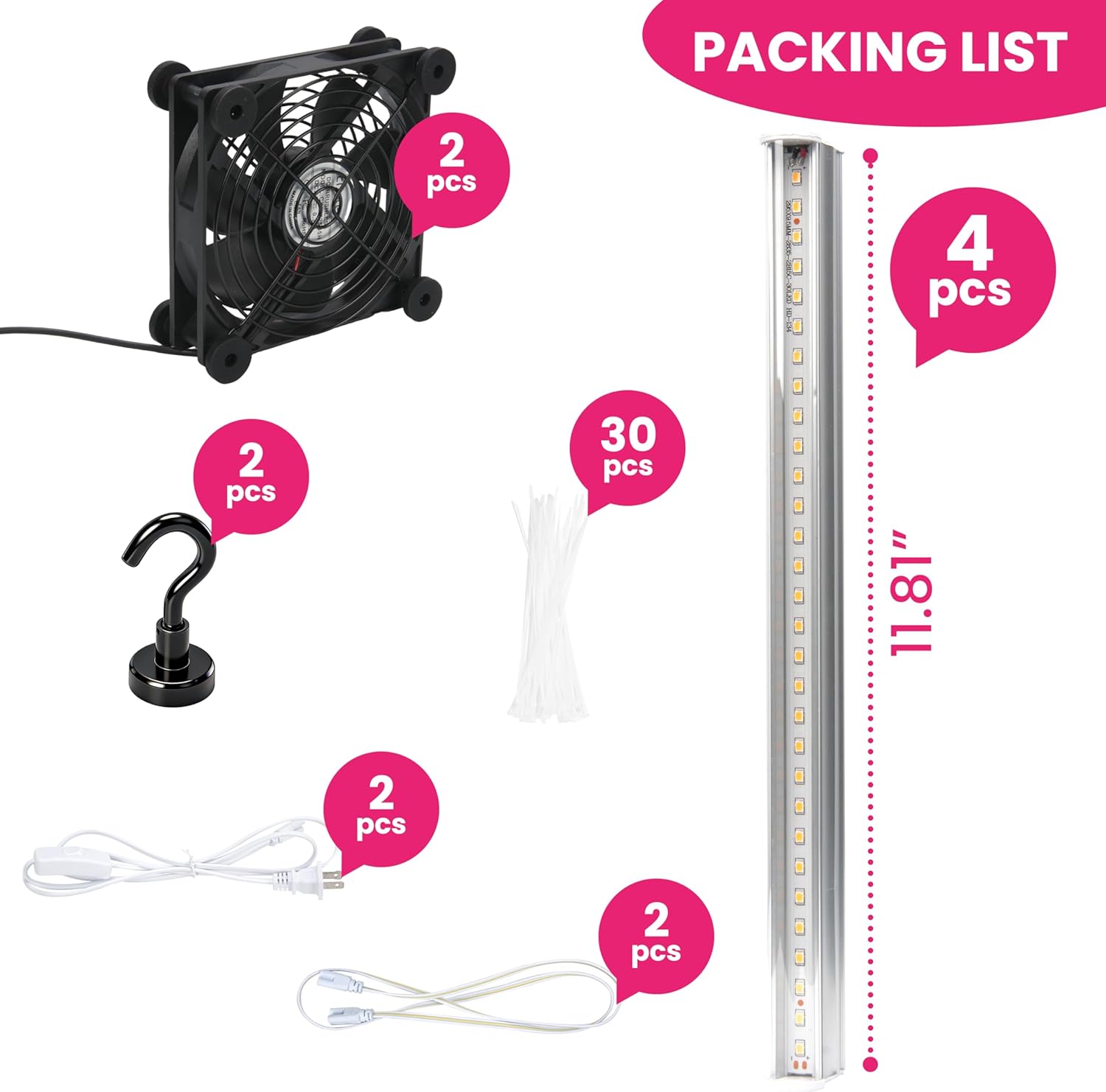 LUVCOSY 4 Pack T5 Grow Light Strips + 2 Pack USB Fans for Indoor Plants, Accessories Set for Indoor Greenhouse Cabinet for IKEA, Full Spectrum Sunlight Grow Lamp & Silent Portable Cooling Fan-ALL IN 1