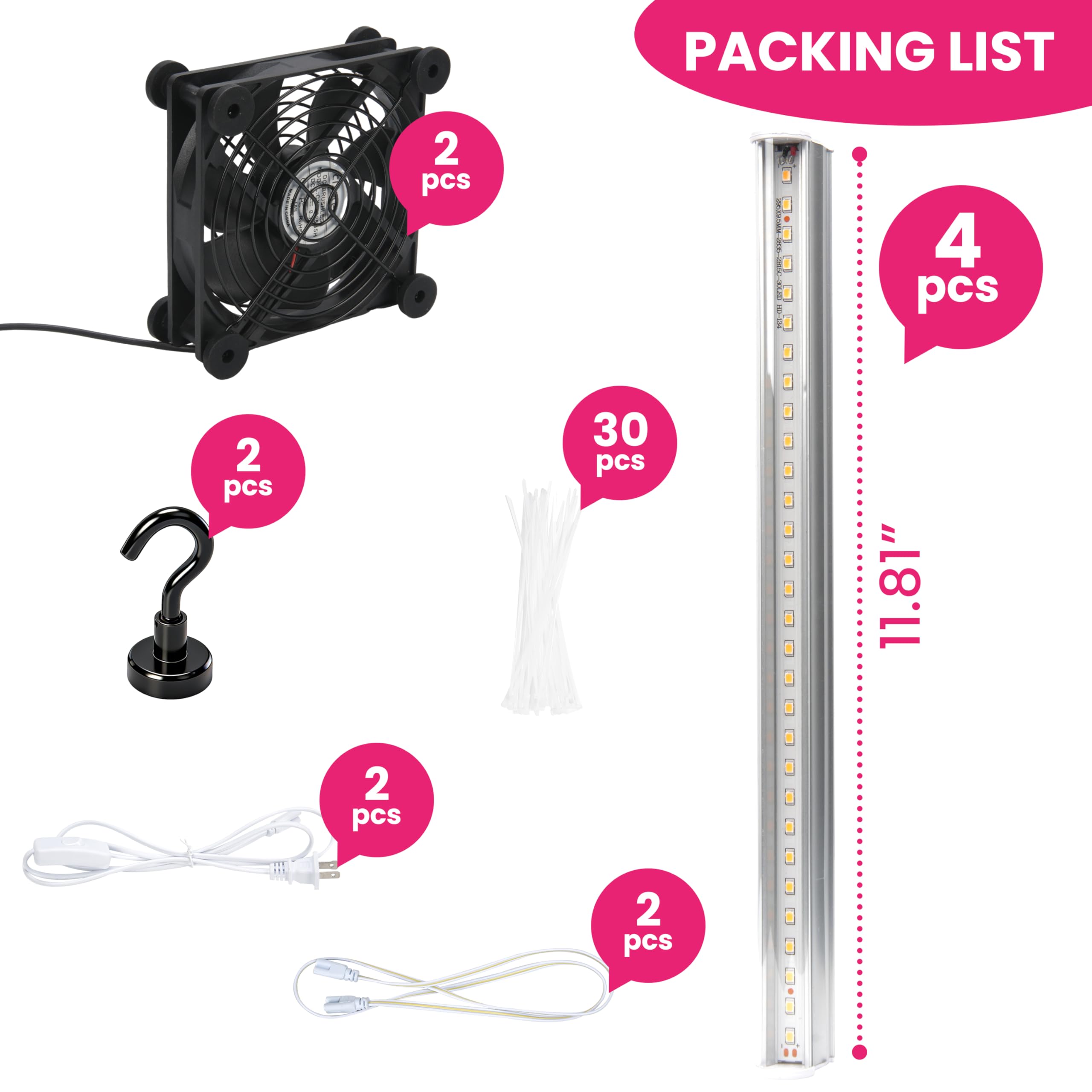 Lot de 4 bandes lumineuses T5 + 2 ventilateurs USB pour plantes d'intérieur, ensemble d'accessoires LUVCOSY pour serre d'intérieur IKEA, lampe de culture à spectre complet et ventilateur de