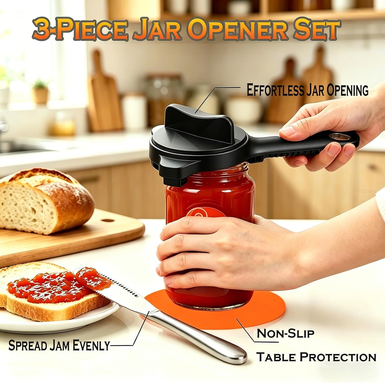 4-in-1 Adjustable Non-Slip Jar Opener Set with Stainless Steel Butter Knife & Silicone Jar Opener Pad, Jar Openers for Seniors, Weak Hands, Lid Opener for Bottles & Cans