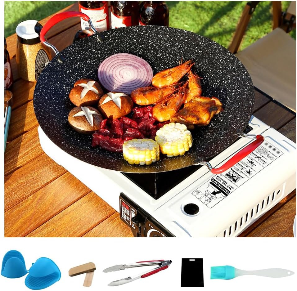 Korean BBQ Grill Pan, 13.3 Inch Nonstick Round Griddle Plate with Heat Resistant Handle for Indoor Outdoor Gas Stove Grilling Cooking