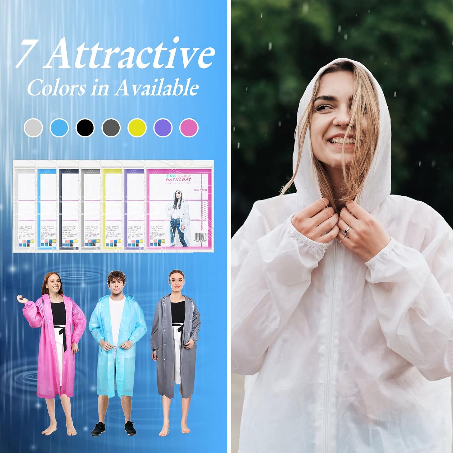 JaGely 7 Pack Rain Poncho Set Colorful Reusable Rain Jacket EVA Waterproof Raincoat for Adults - Image 5