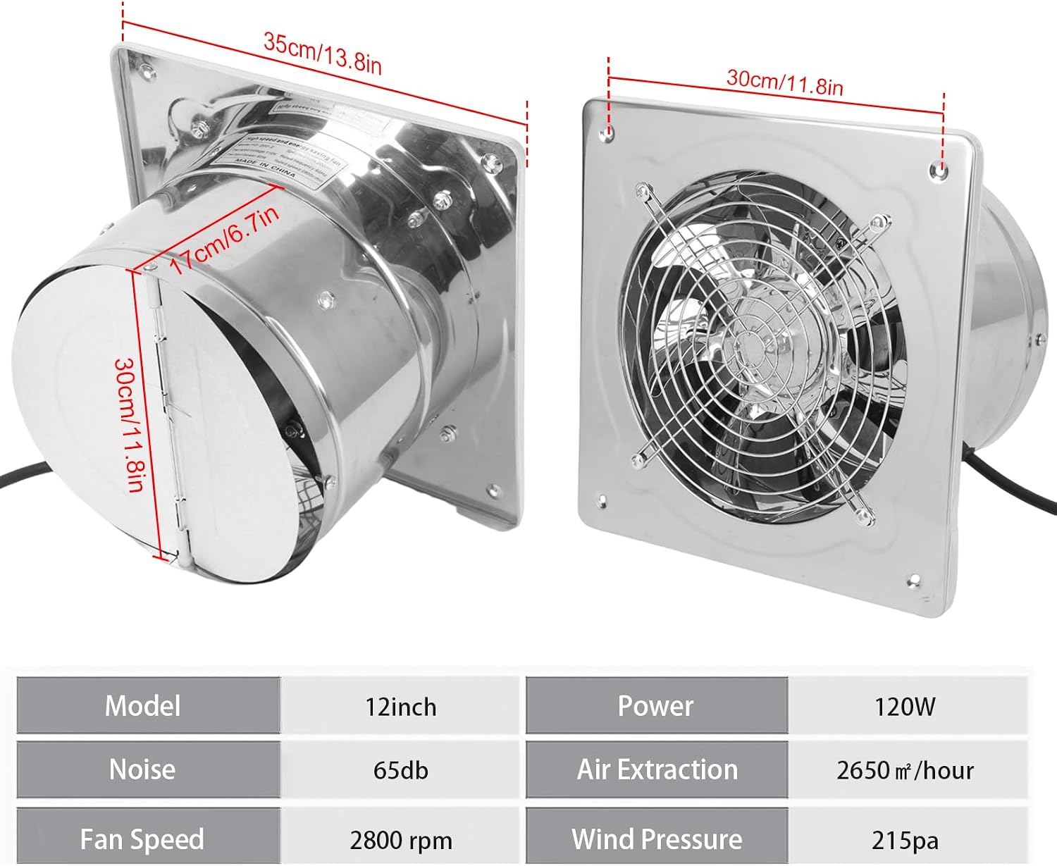12 Inch Exhaust Fan with Plug, 1558CFM Through-the-Wall Ventilation Fan with Light Weight Pure Copper Motor, for Laundry Room, Toilets, Garage, and Shopping Mall, 110V (12 inch, silver)