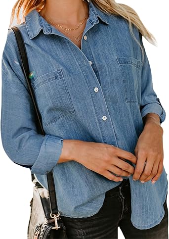 Button Down Blouse for Women, Long Sleeve Casual Button Down Shirt Trendy Spring Fall Tops for Women with Pockets