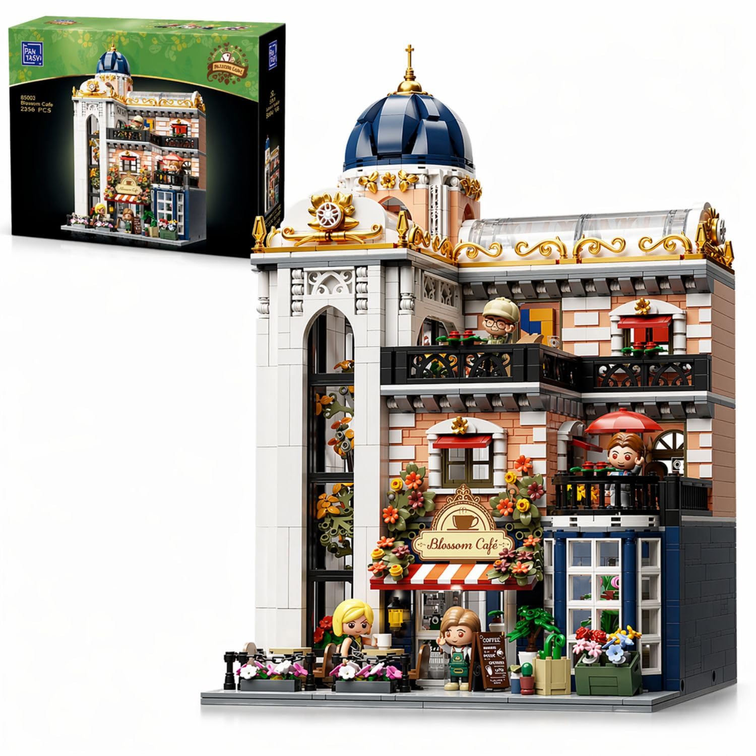 PANTASY Blossom Café Modular Building Set, 3-piętrowa europejska oranżeria z kawiarnią, galerią sztuki i kwiatowym atrium, kolekcjonerski zestaw architektoniczny dla dorosłych kreatywne klocki