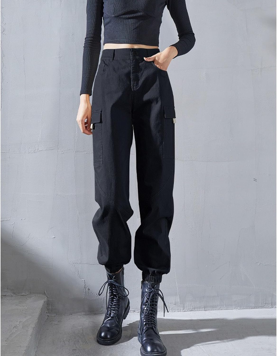 MEINVQIAOTI Streetwear Plain Functional high Waisted Cargo Pants Casual Jogger Drawstring Hiking Cargo Pants for Women