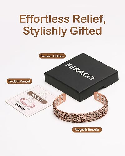 Miniatura 4 de Feraco Pulsera magnética de cobre puro para hombre, 18 veces ultra fuerte, con imanes de neodimio Gauss de 3800 Gauss, ajustable