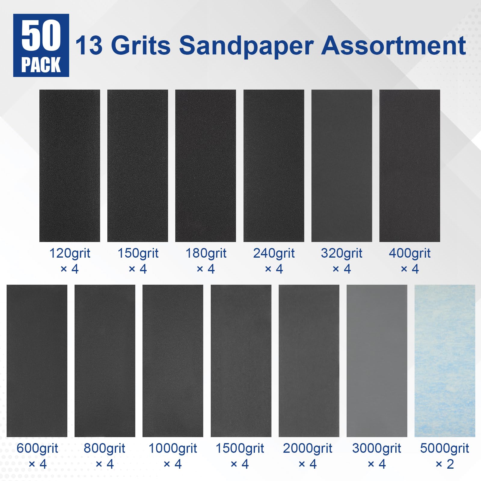 cooclensportey 50PCS Sand Paper, 13 Grits Premium Sandpaper Assortment - 120/150/180/240/320/400/600/800/1000/1500/2000/3000/5000 Grit Sandpaper Sheets, Wet Dry Sand Paper for Wood Metal Car Sanding
