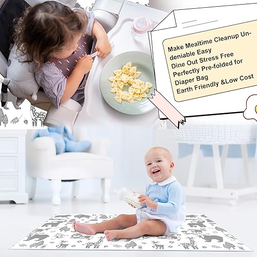 Miniatura 5 de Paquete de 100 alfombrillas de 28 x 47 pulgadas para debajo de la silla alta, alfombrillas desechables con estampado de animales, tapete impermeable