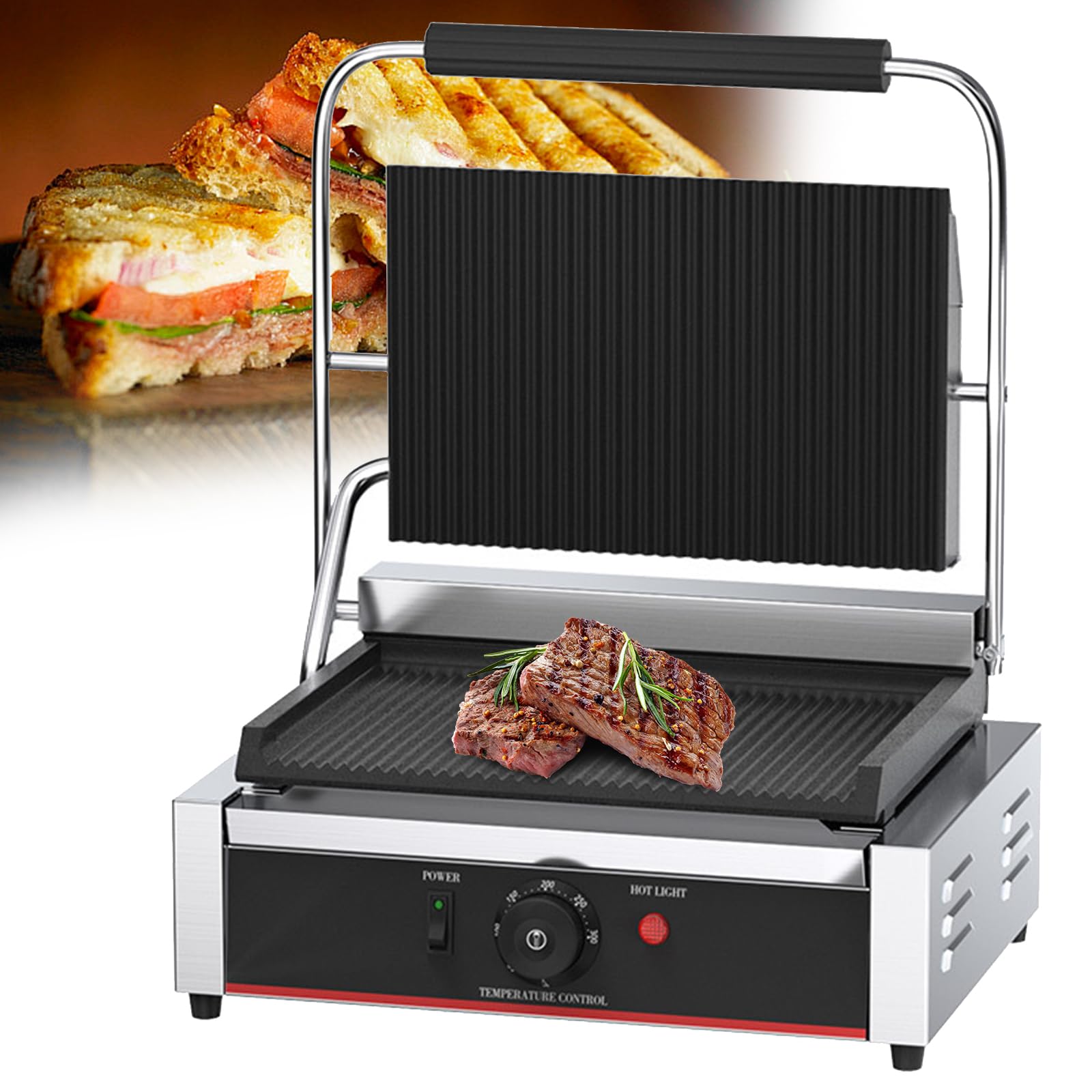 Parrilla De Prensa Panini Comercial, Sandwichera 2200 W Eléctrica De Acero Inoxidable con Superficie De Cocción Antiadherente, Bandeja De Goteo Extraíble, Control De Temperatura 50-300°C