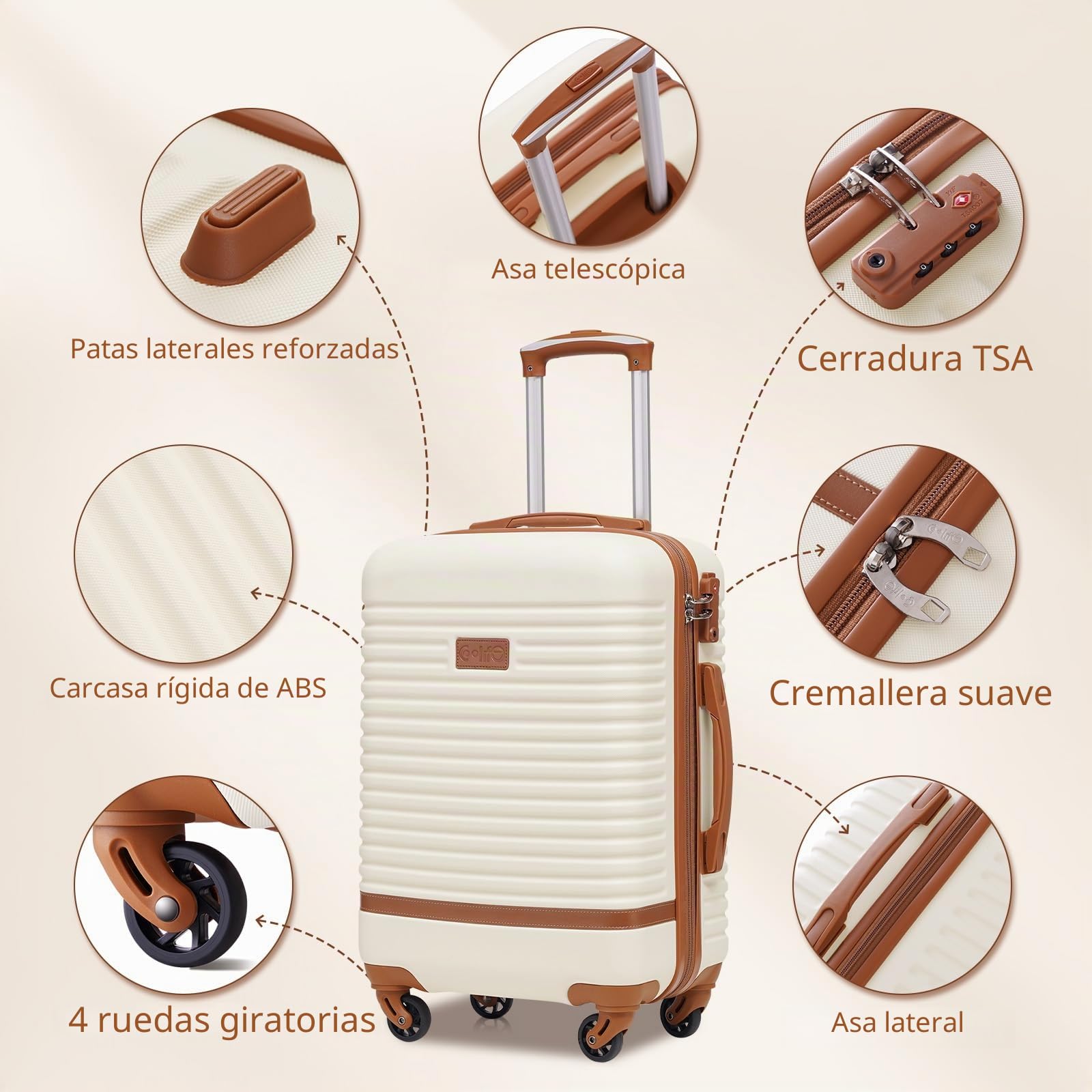 COOLIFE Juego de Maletas 5 Piezas, 20"+24"+28" Maletas para Viaje Familiare | Maleta de Viaje con Cerradura TSA y Ruedas Giratorias de 360°, Juego Maletas de Viaje con Mochila y Neceser (Blanco/Marrón)