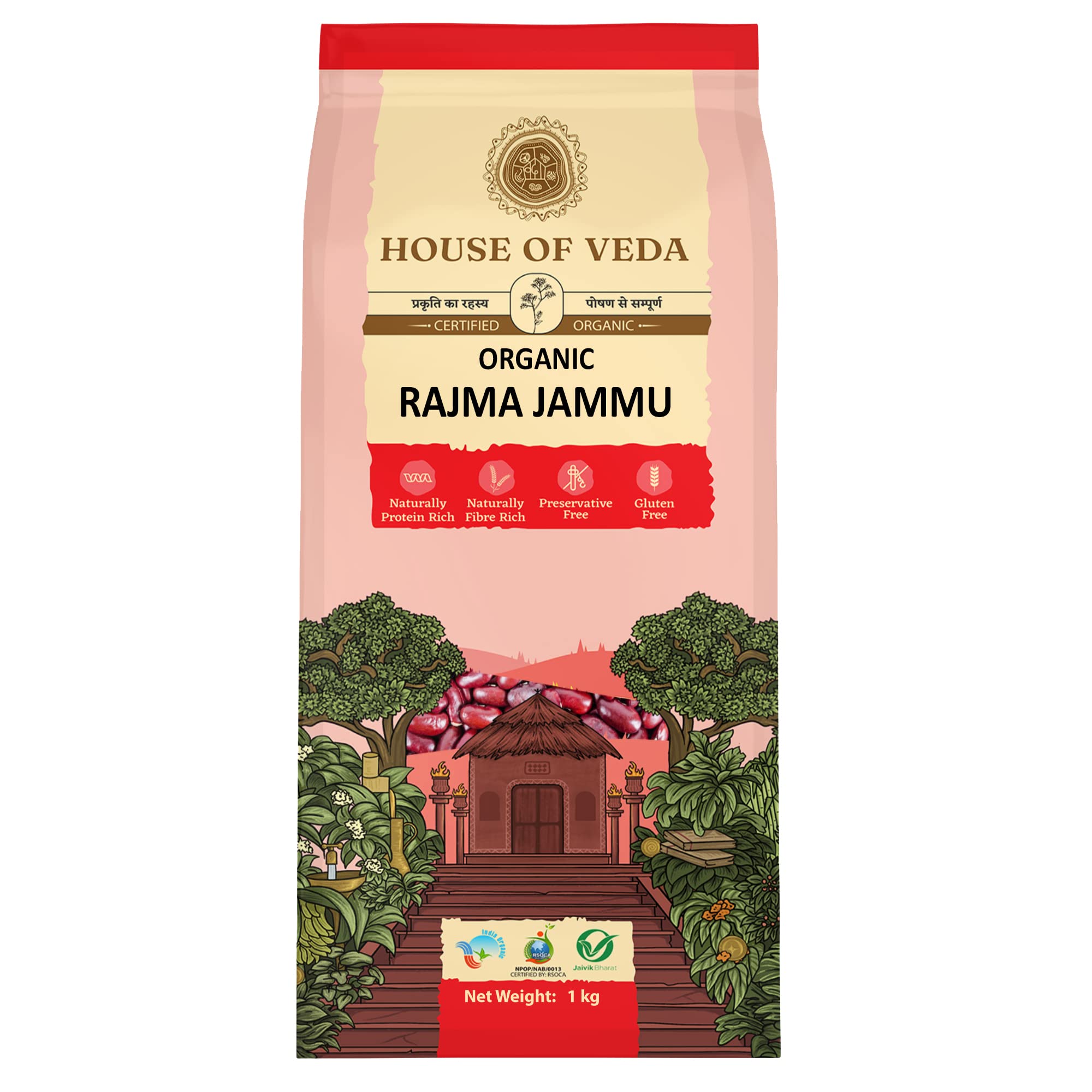House of Veda Organic Rajma 1kg | Jammu Rajma, Certified Organic, Preservative-Free, Gluten-Free, Unpolished, Hygienically Packed, Rich in Protein, Organically Grown