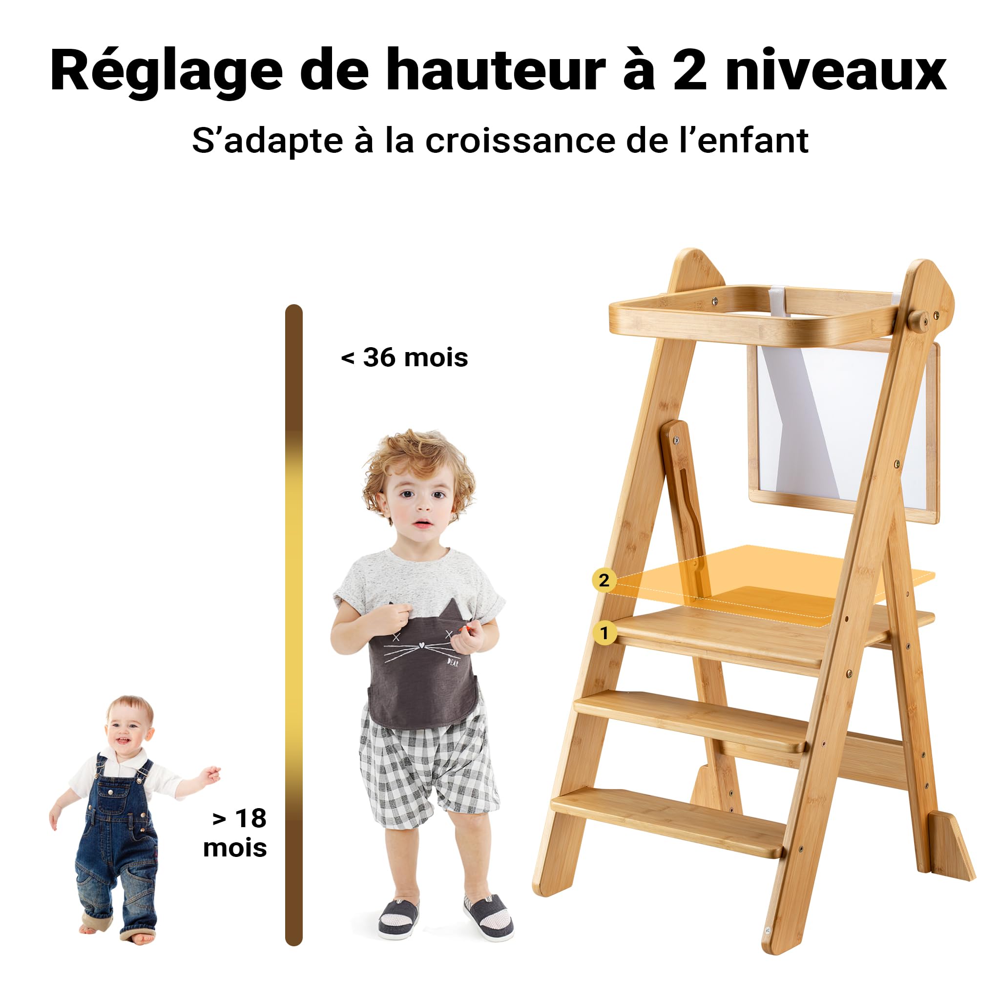 Wiltec Chaise pour Enfant Tour d'apprentissage Pliable 43 x 48 x 91 cm en Bambou, réglable en Hauteur, pour Enfants, Tour Debout avec Garde-Corps