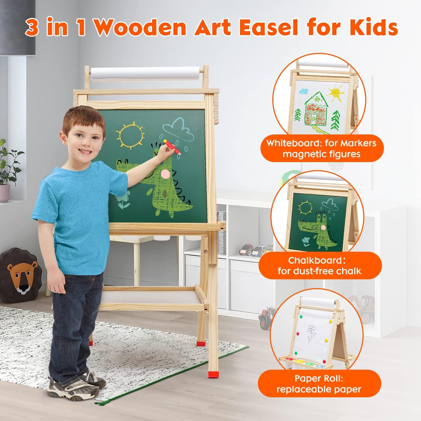 Lavagna per Bambini 3 in 1 Cavalletto in Legno Pittura in Regolabile Altezza, Lavagna Doppia Faccia, Lavagnas Multiattività con Rotolo di Carta, Numeri e Altri Accessori, Giocattolo Educativo 3+ Anni