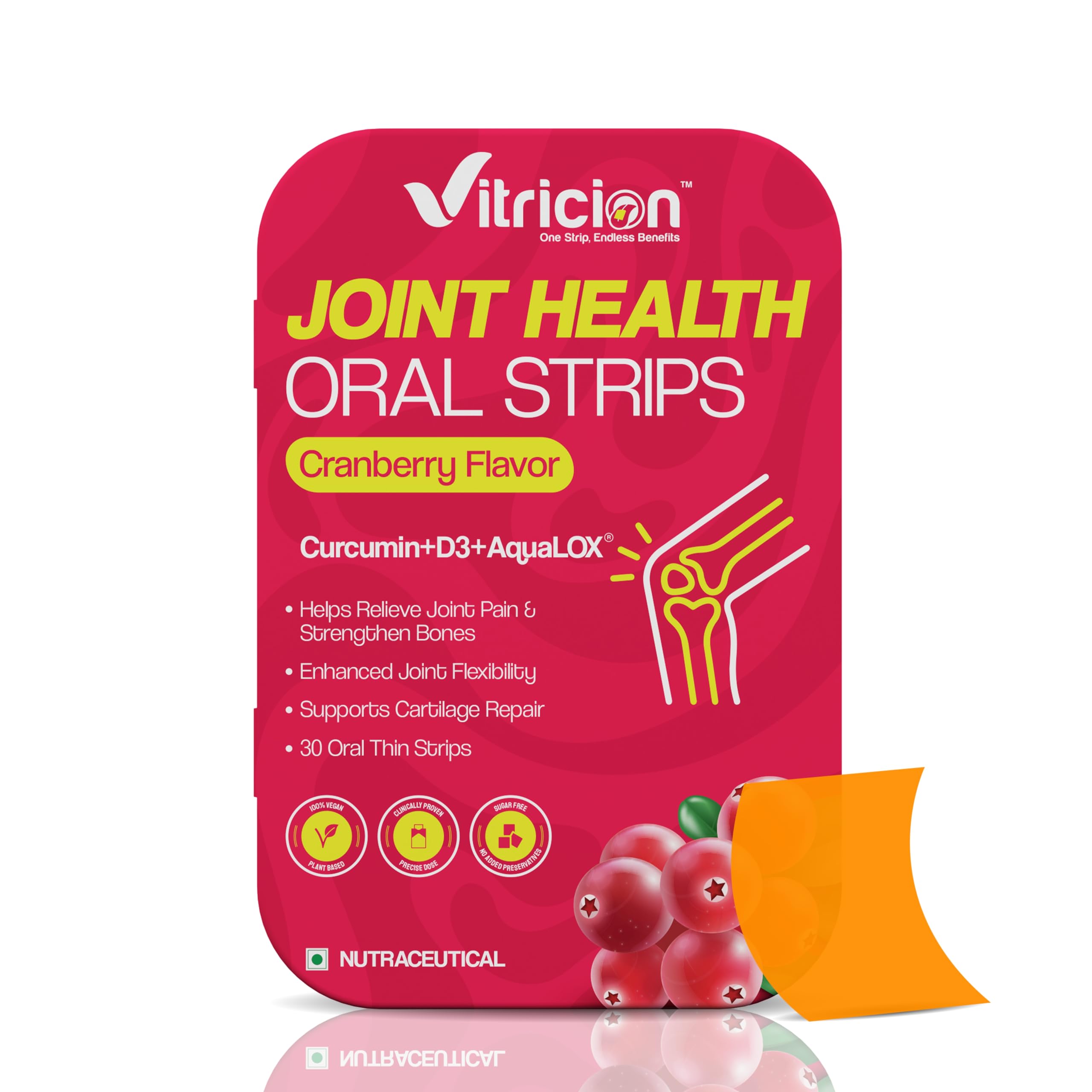 Joint Support Oral Strips – 30 Fast-Dissolving Vegan, Non-GMO Strips with Curcumin, Vitamin D3 & Aqualox | Plant-Based Cranberry Flavour Supplement for Joint Health, Flexibility & Mobility
