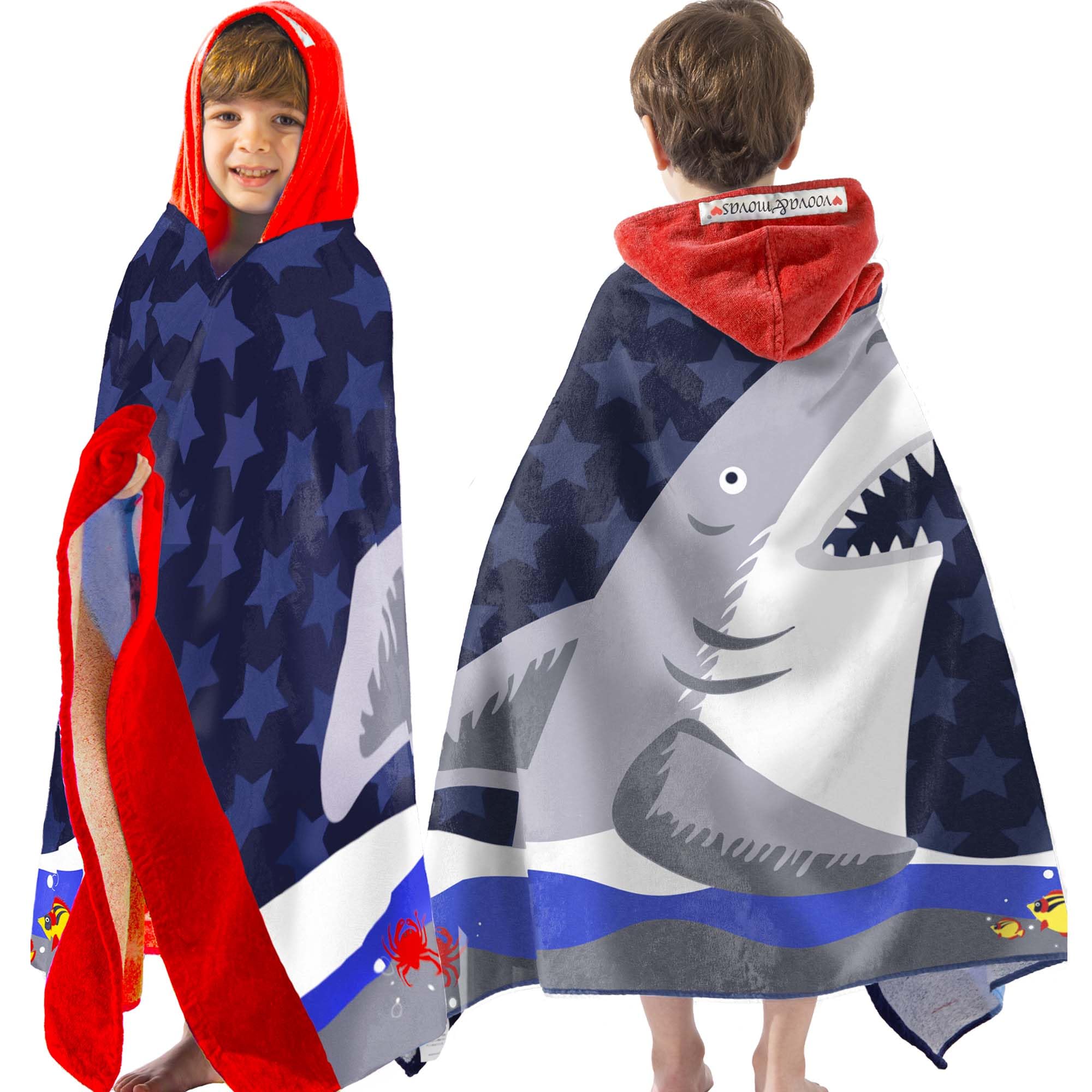 VOOVA & MOVAS Shark Kids Towel Robe Age 3-8,100% Cotton, Absorbent&Soft | 50"x30",Gift Idea,Comfort & Thick,Machine Washable and Durable,Wearable Wrap,Bath Towel for Beach Bath Pool,Pack & Go White Big Shark 50.00''x30.00''(3-8 Years)