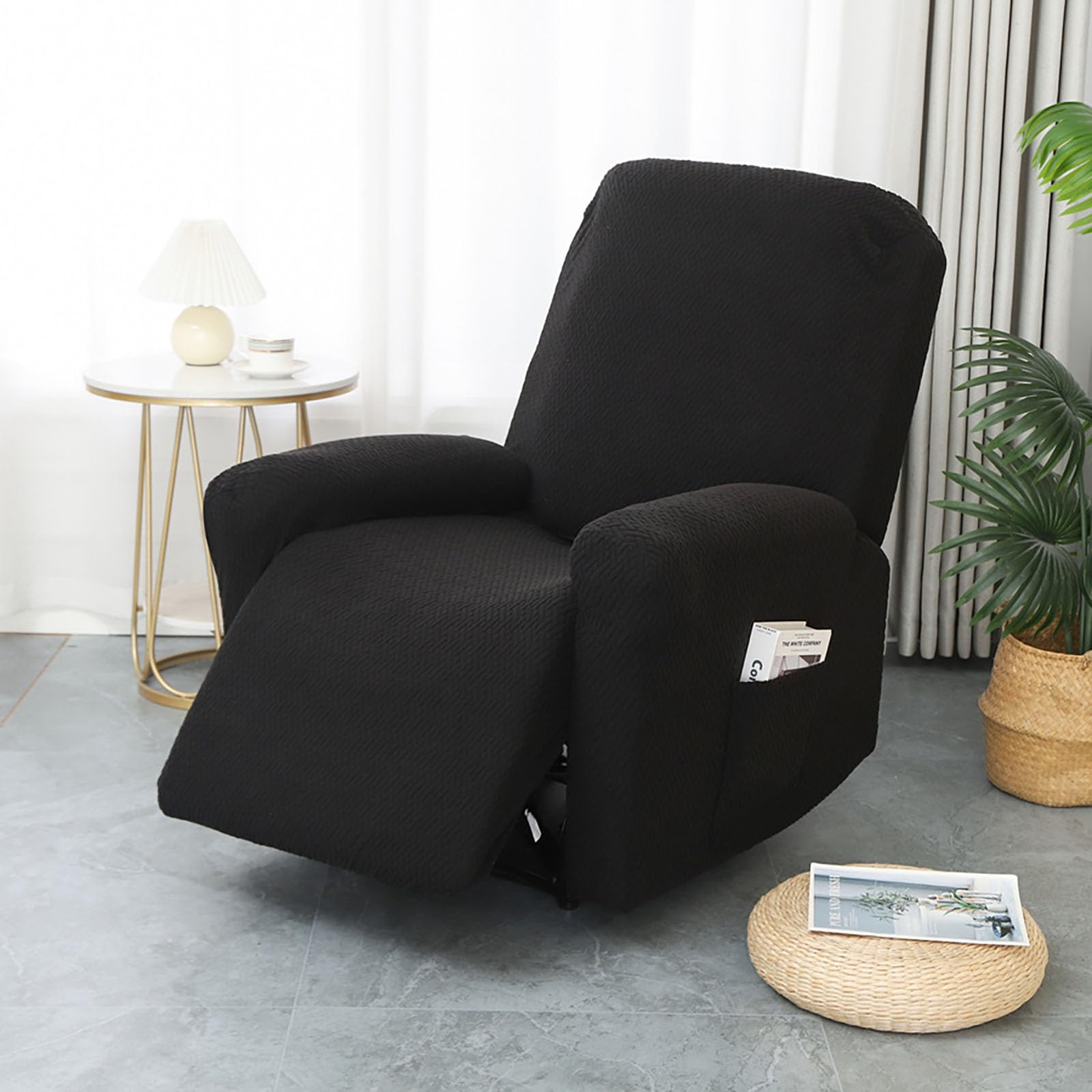 Set di 4 Copri Poltrona Relax Reclinabile, Copri Poltrona Elettrica con Tasche, Jacquard Fodere Poltrone Relax Elasticizzato, Lavabile,Nero,4 Seater