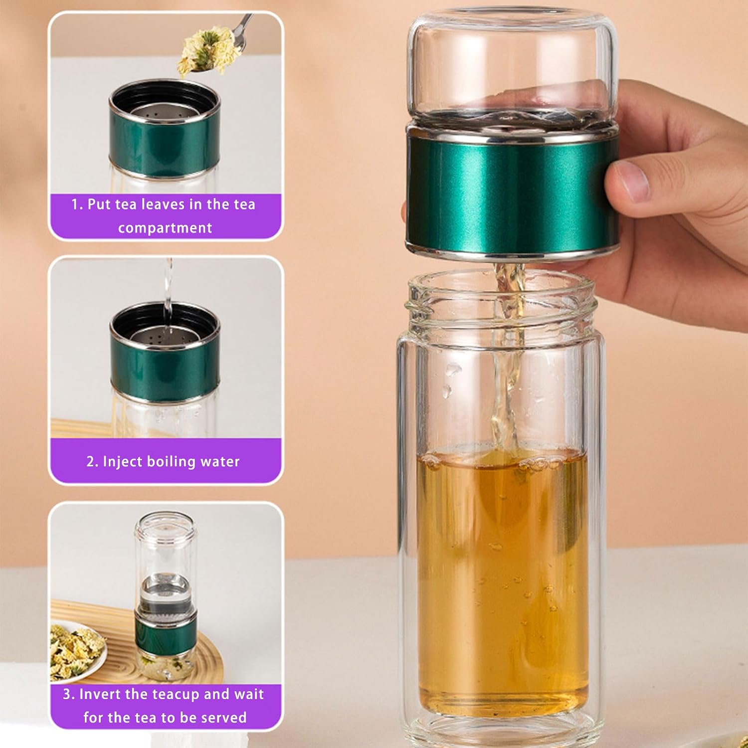 Portable Teas Maker Cup with Filter Systems Double Wall Borosilicate Glass Bottle for Microwave Dishwasher Accessory Teas Infuser Cup with Separation Design