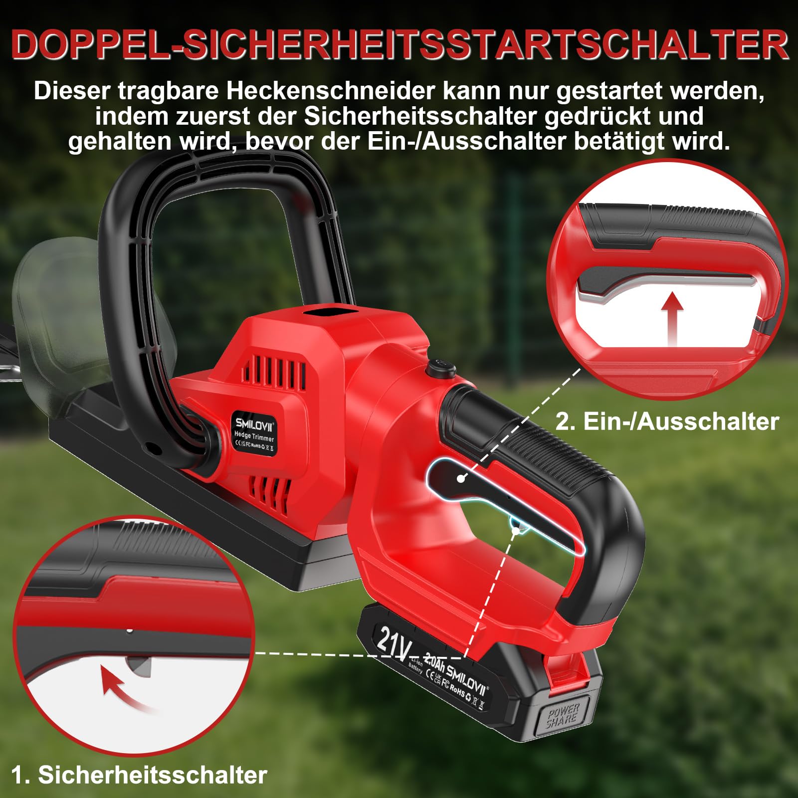 Cortasetos Inalámbrico SMILOVII 21V 850W, Cuchilla 50cm, 2 Baterías 2Ah y Cargador, Mango Giratorio 180° y Diseño Ergonómico para Jardín y Setos