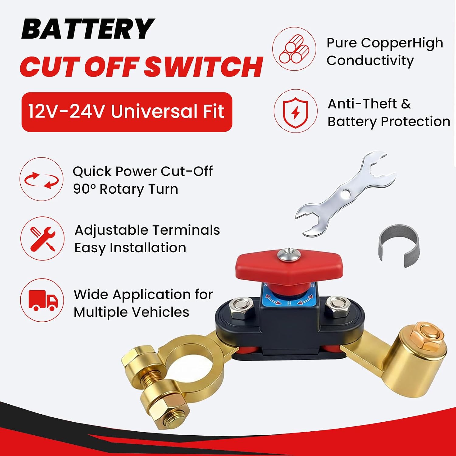 Battery Cut Off Switch 12v -24v, Pure Copper High Conductivity Battery Disconnect Switch Top Post, Automotive Replacement Battery Switches for Car Truck Marine Rv Motorcycle Camper Boat (2, Red)