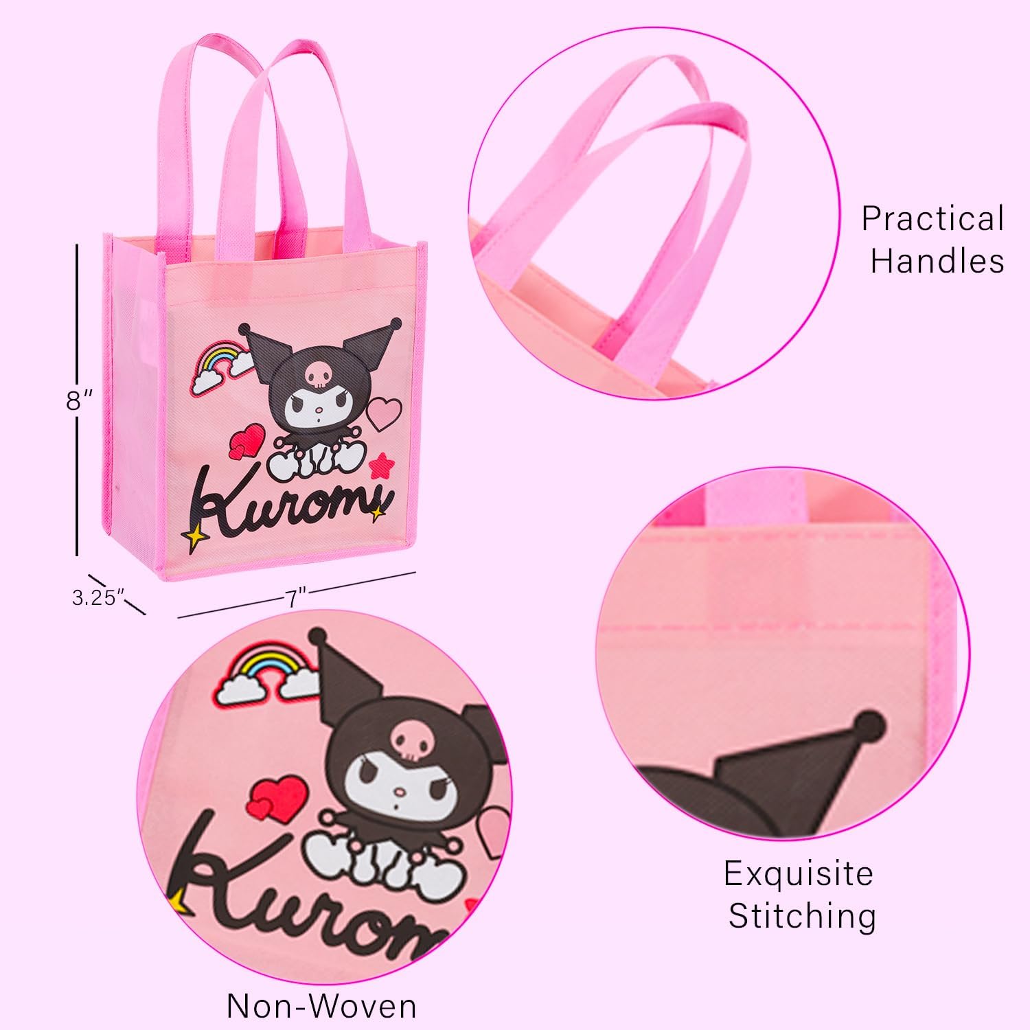 SANRIO Kuromi Party Favor Bags Set - Bundle with 6 Reusable Kuromi Goodie Bag Totes Plus Stickers, More | Kuromi Party Supplies for Girls