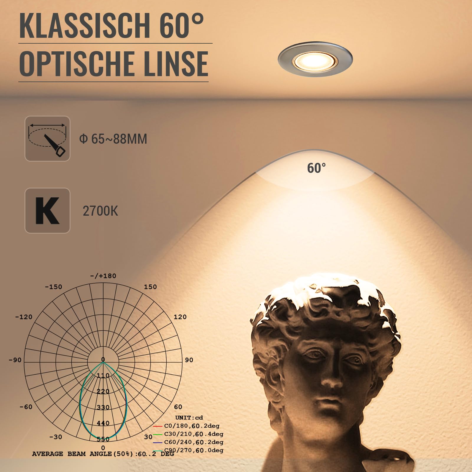 6er LED Einbaustrahler Dimmbar 10W Set Spots Deckenleuchte Flach 33mm LED Spots 230V Rund Gebürstet Edelstahl Einbauleuchten 2700K Warmweiß 850LM für Küche