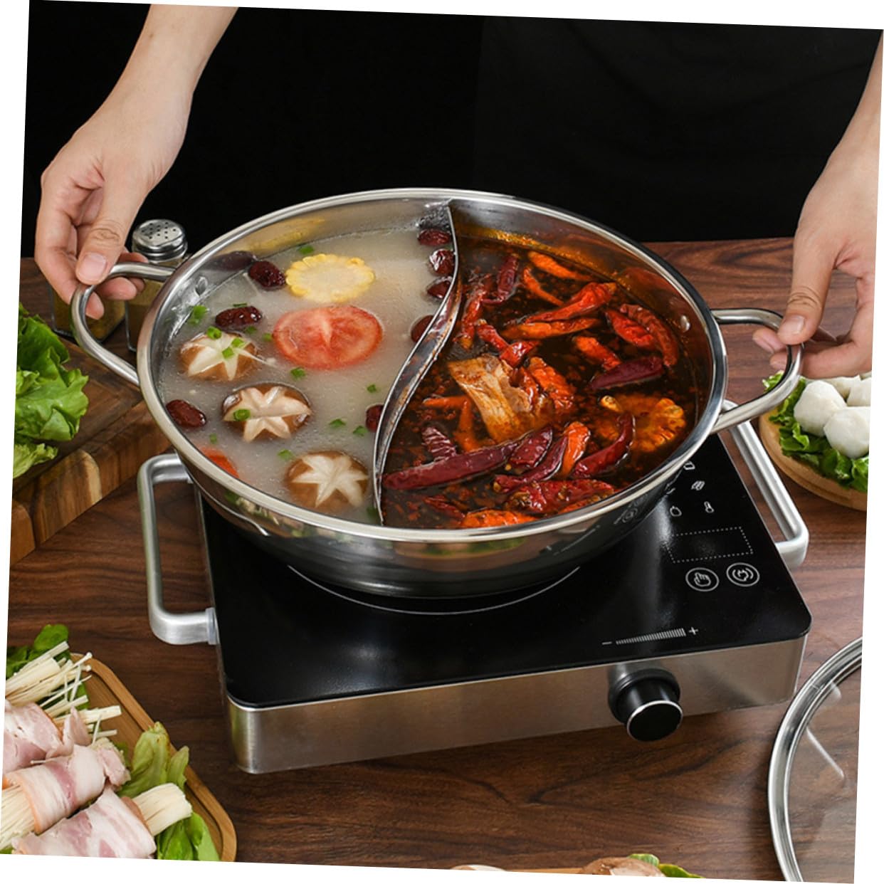 Didiseaon Olla Caliente Doble 32 Cm Acero Inoxidable Resistente Antióxido Utensilios Cocina Acero Inoxidable Menaje Hogar Set 4 Piezas para Cocina Asiática