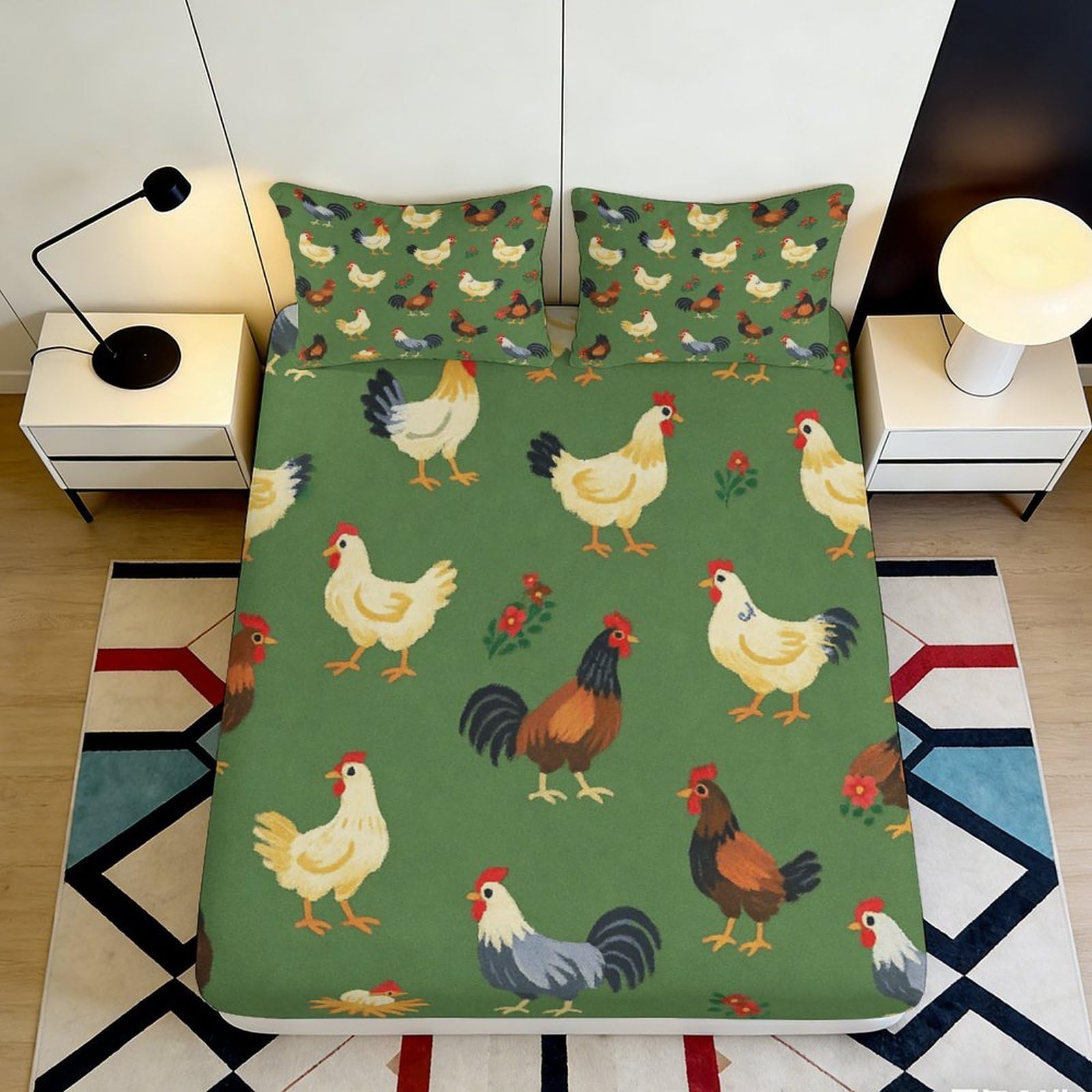 3D Printed Chicken Farm Fitted Sheet Microfiber Soft Green Hen Bed Cover for Bedroom Dorm Mattress Protection Decor 90x200x25cm
