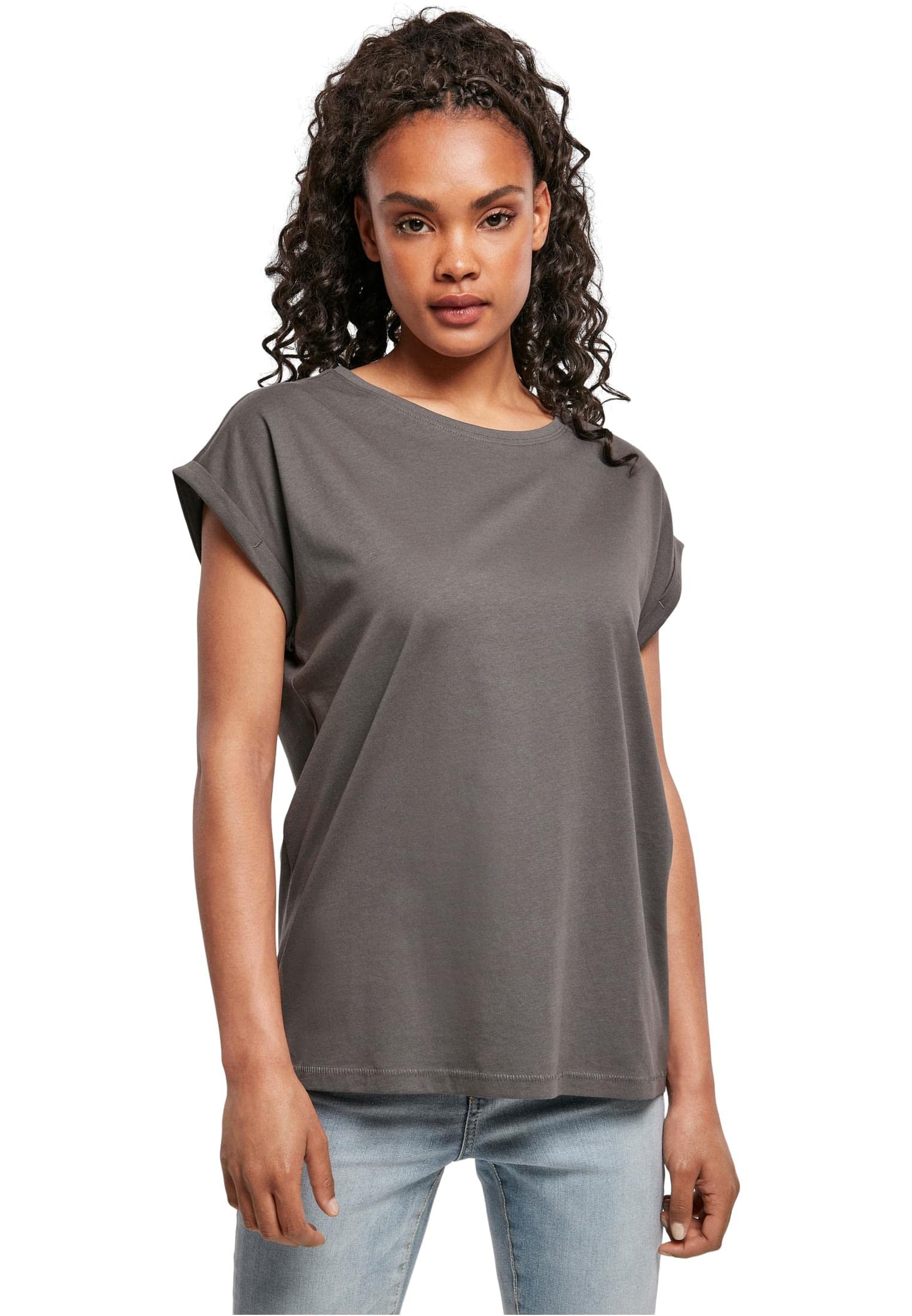 Urban Classics Women's Ladies Extended Shoulder Tee Basic Capsleeves, Shortsleeve T-Shirt Top with Crew Neck, darkshadow, S