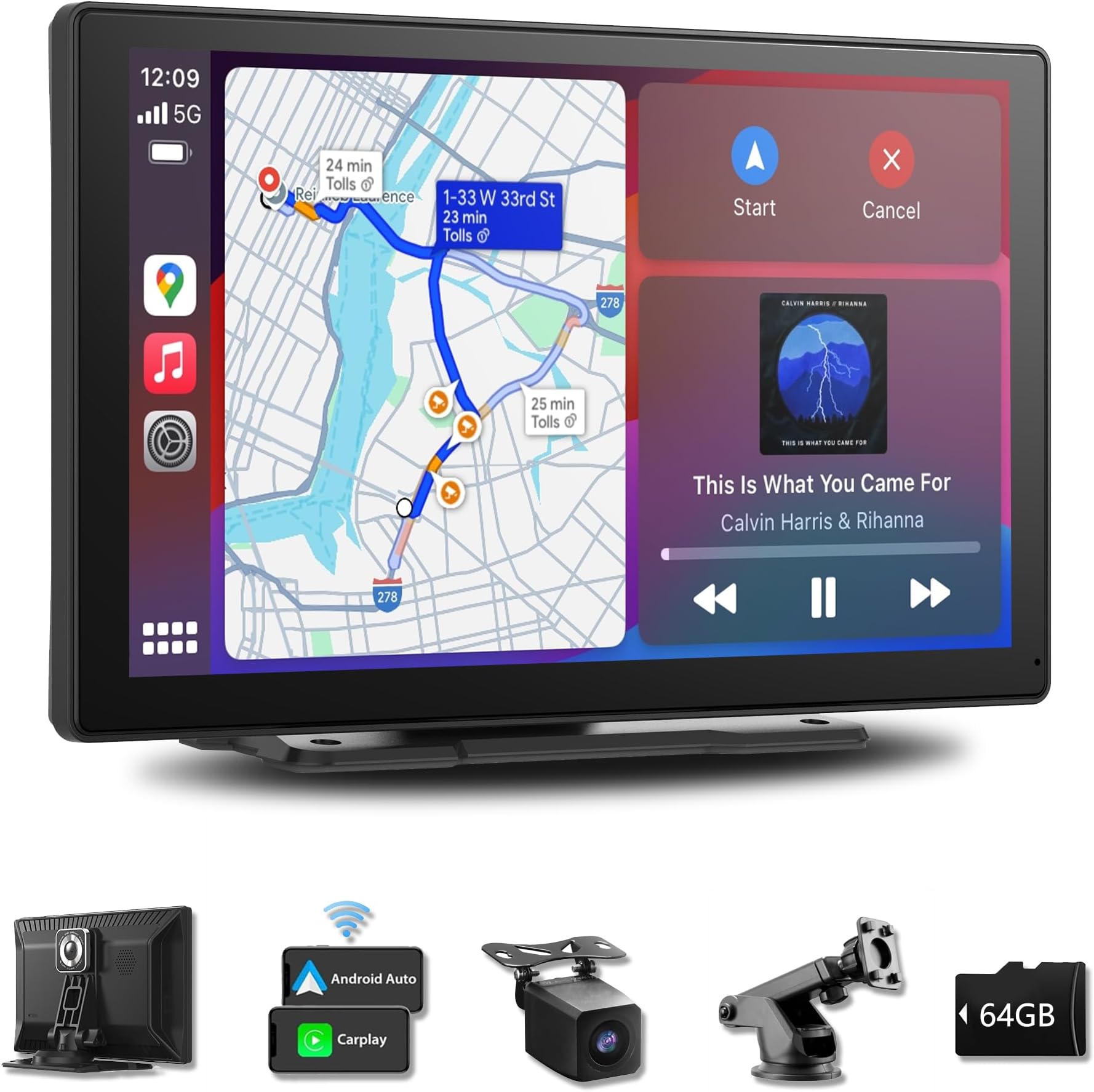 9-Inch Wireless Apple CarPlay & Android Auto, Portable Carplay Radio, 4K Dash Cam 1080P Backup Camera, Touchscreen with GPS Navigation, Bluetooth, Voice Control, Carplay Screen for All Cars