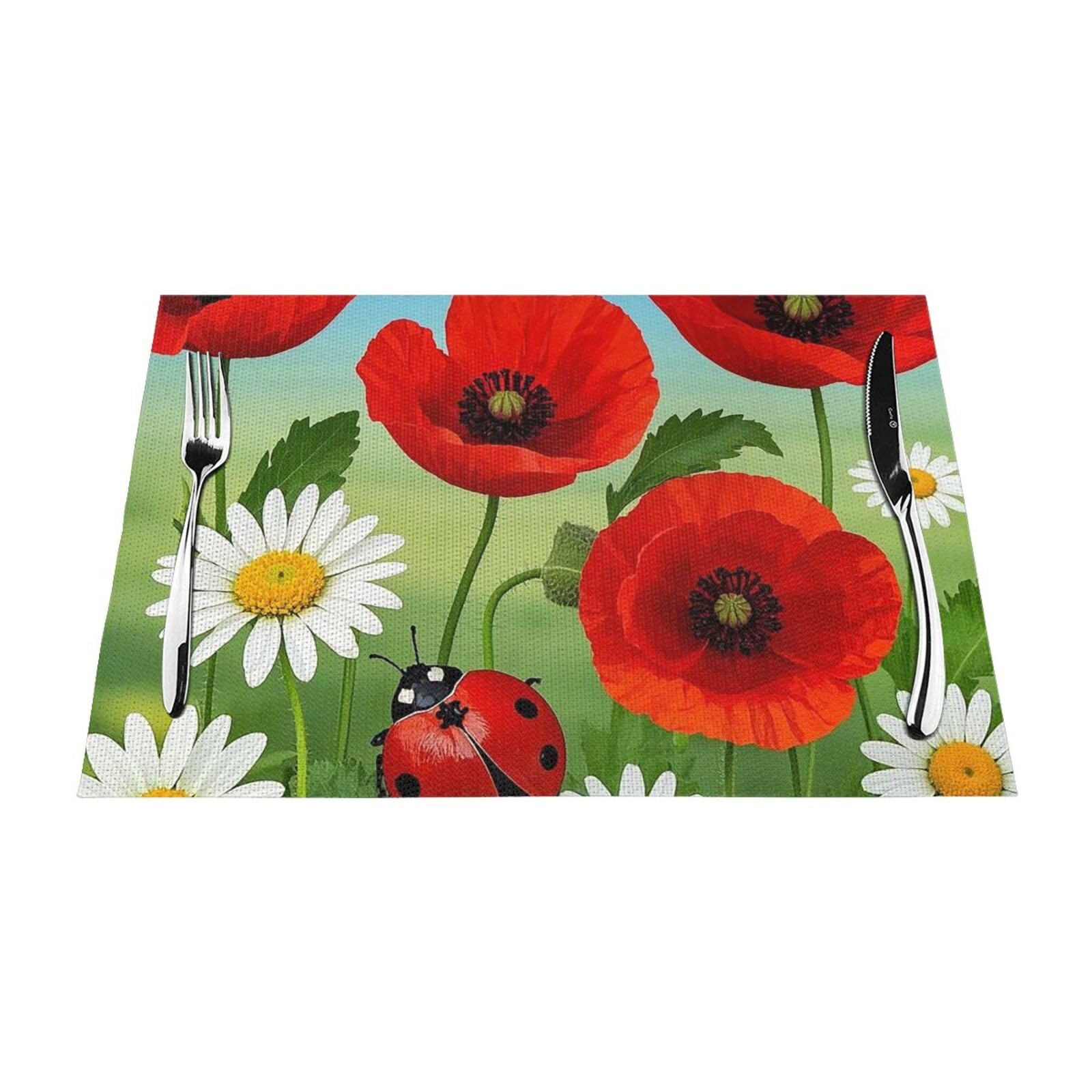Chamomile Ladybug and Daisy Placemats Set of 1 - Woven Vinyl Kitchen Table Placemats - Heat Resistant Non-Slip Place Mats for Dining Table, Washable Indoor Outdoor Table Mats 12x18 Inch