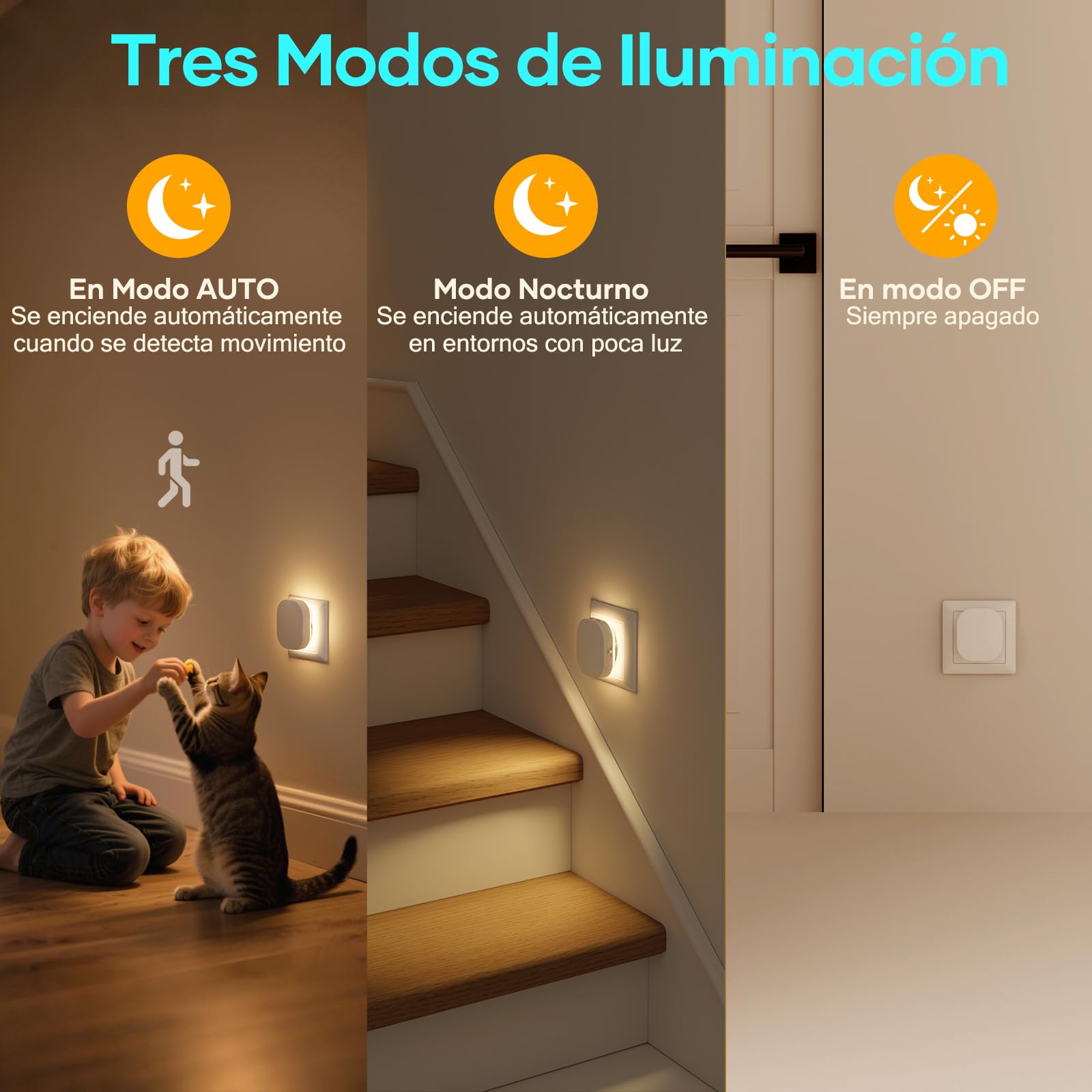 Suright 2 Piezas Luz Nocturna Infantil con Sensor Movimiento y Sensor de Crepúsculo, Brillo Ajustables 0.5-60LM, Luz Nocturna Enchufe para Niños, Pasillos, Escalera, Dormitorio
