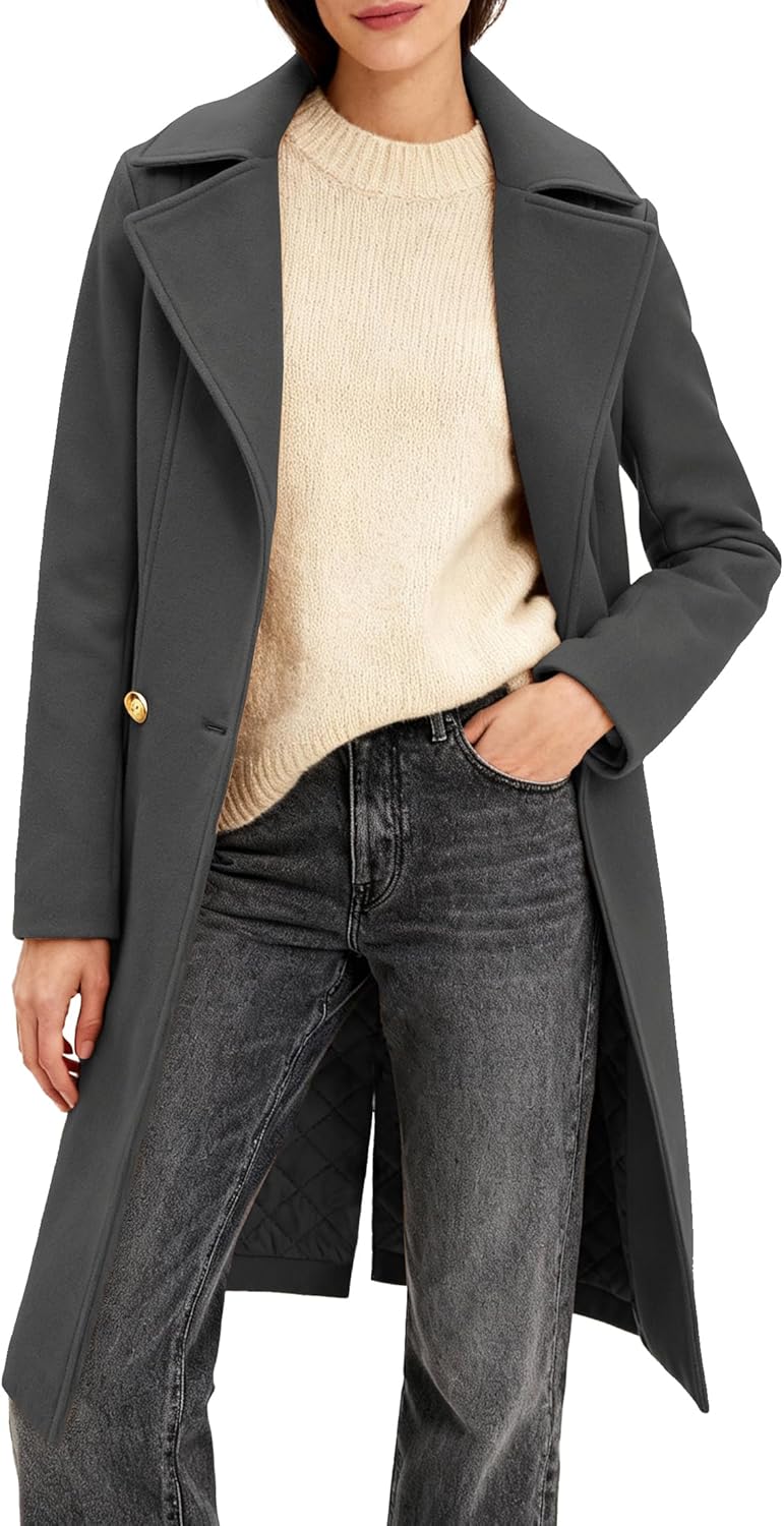 Women's Long Notch Lapel Coat, Double-Breasted Peacoat, Casual Classic Fall Winter Overcoat
