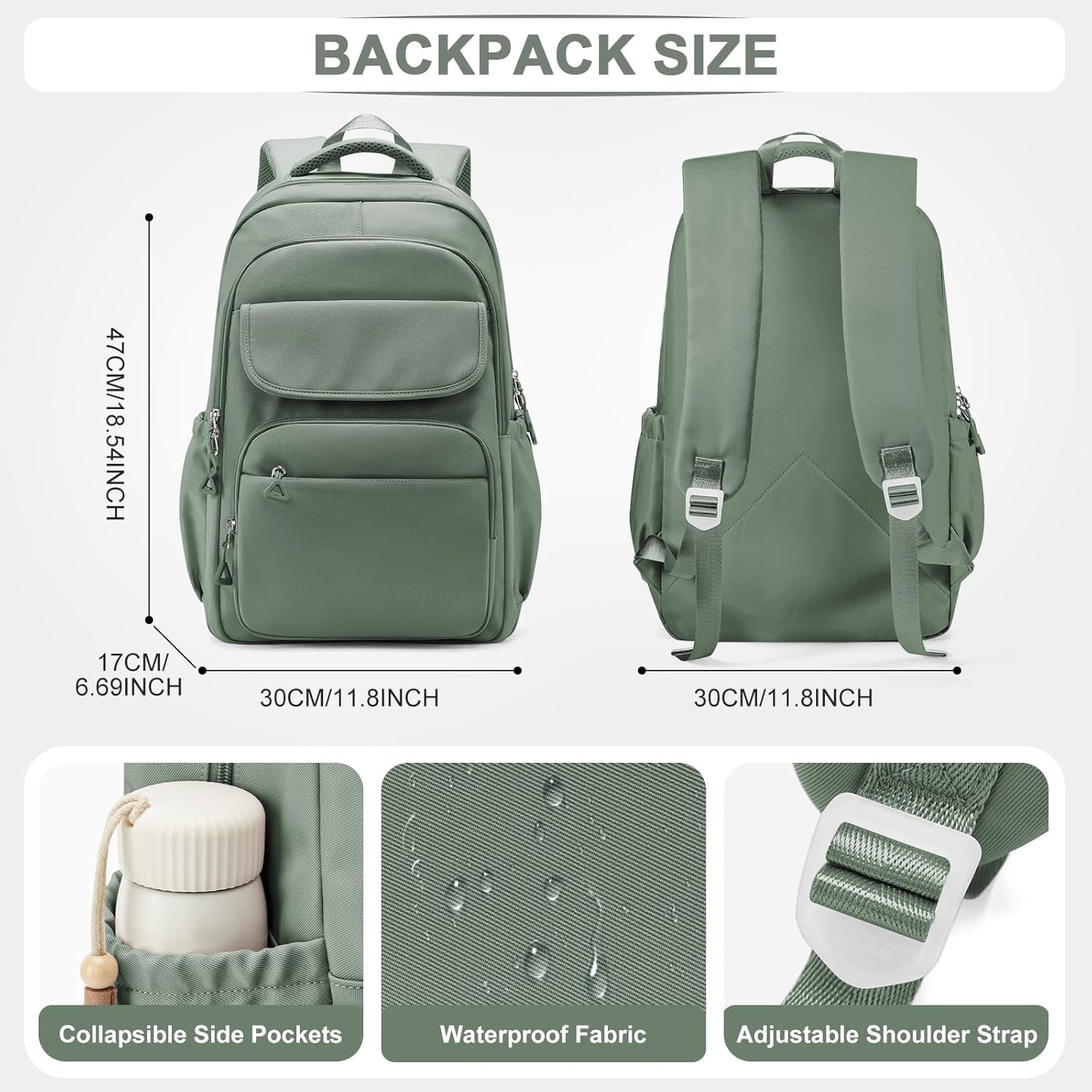 Cute School Backpack for Teens Girls Boys Waterproof School Bag Basic Backpack for College Students Multi Pocket Backpack Lightweight Casual Daypack Backpacks for Women Men(Green) - Image 2