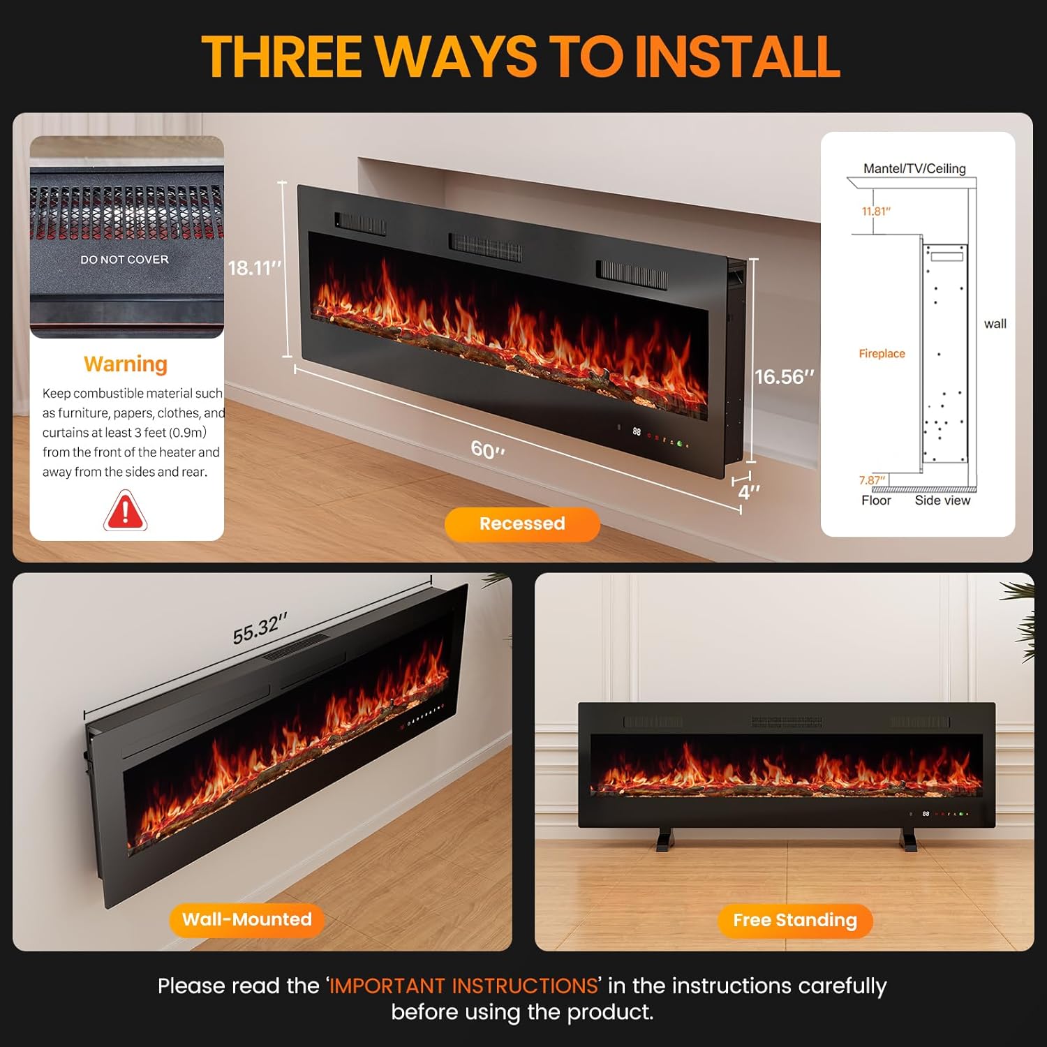 Sweetcrispy 60” Electric Fireplace Insert, 1500W Wall Mounted & Recessed Fireplace, Freestanding Fireplace Heater with Remote & Touch Panel Control, Adjustable Flame Effect, 12H Timer for Indoor use