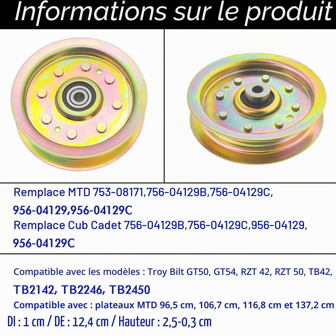 Poulie de renvoi Plate pour Tondeuse à Gazon Compatible avec Cub Cadet 956-04129 956-04129C 756-04129B 756-04129C MTD 753-08171 756-04129B 756-04129C 956-04129 956-04129C